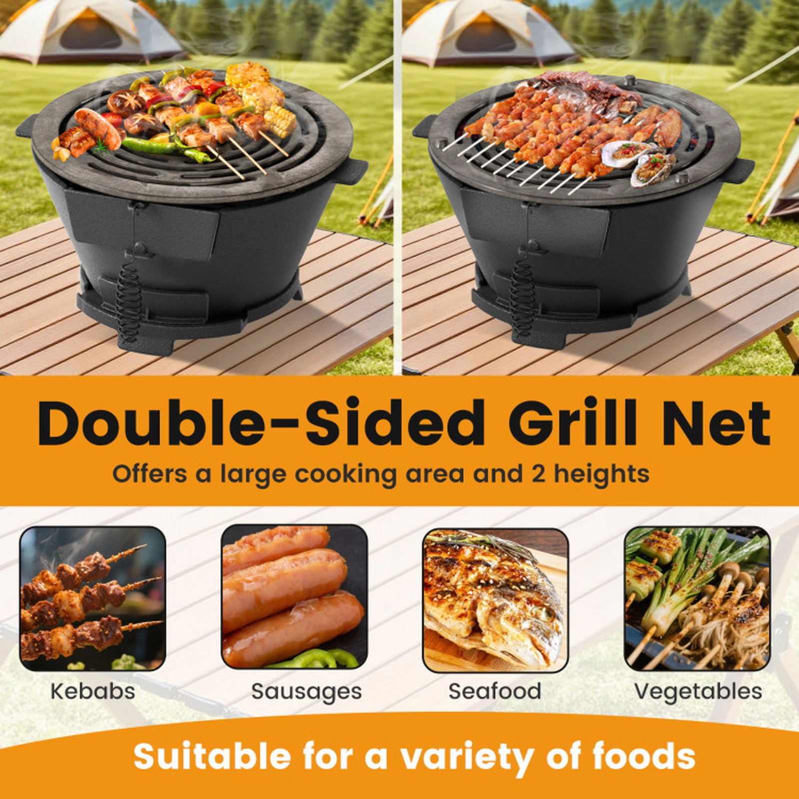 SUGIFT Round Hibachi Charcoal Grill with 12-in Double-Sided Grate Outdoor Portable Stove Black