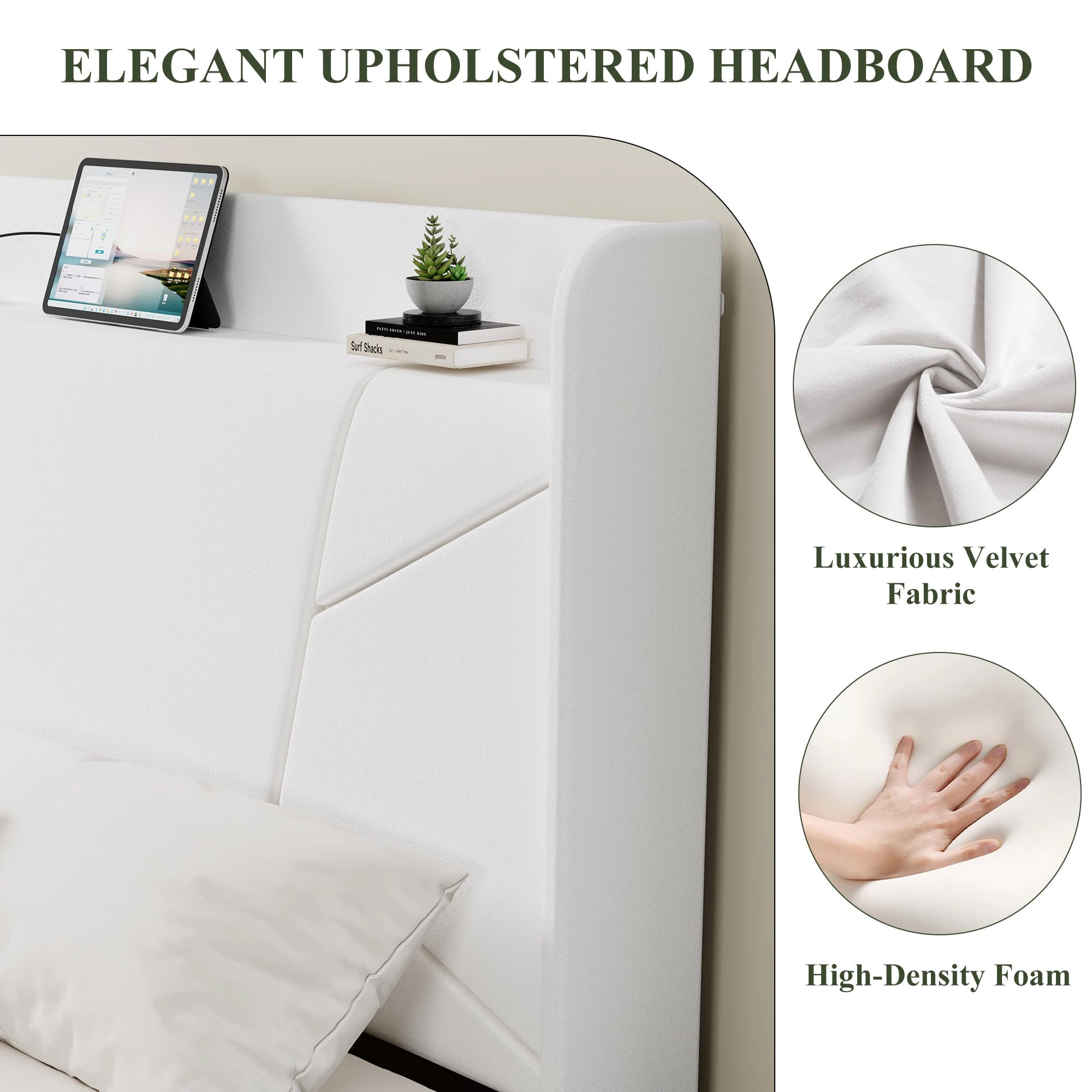 Velvet Upholstered Platform Bed with Wingback Storage Headboard, Charging Station, 12 Wood Slats