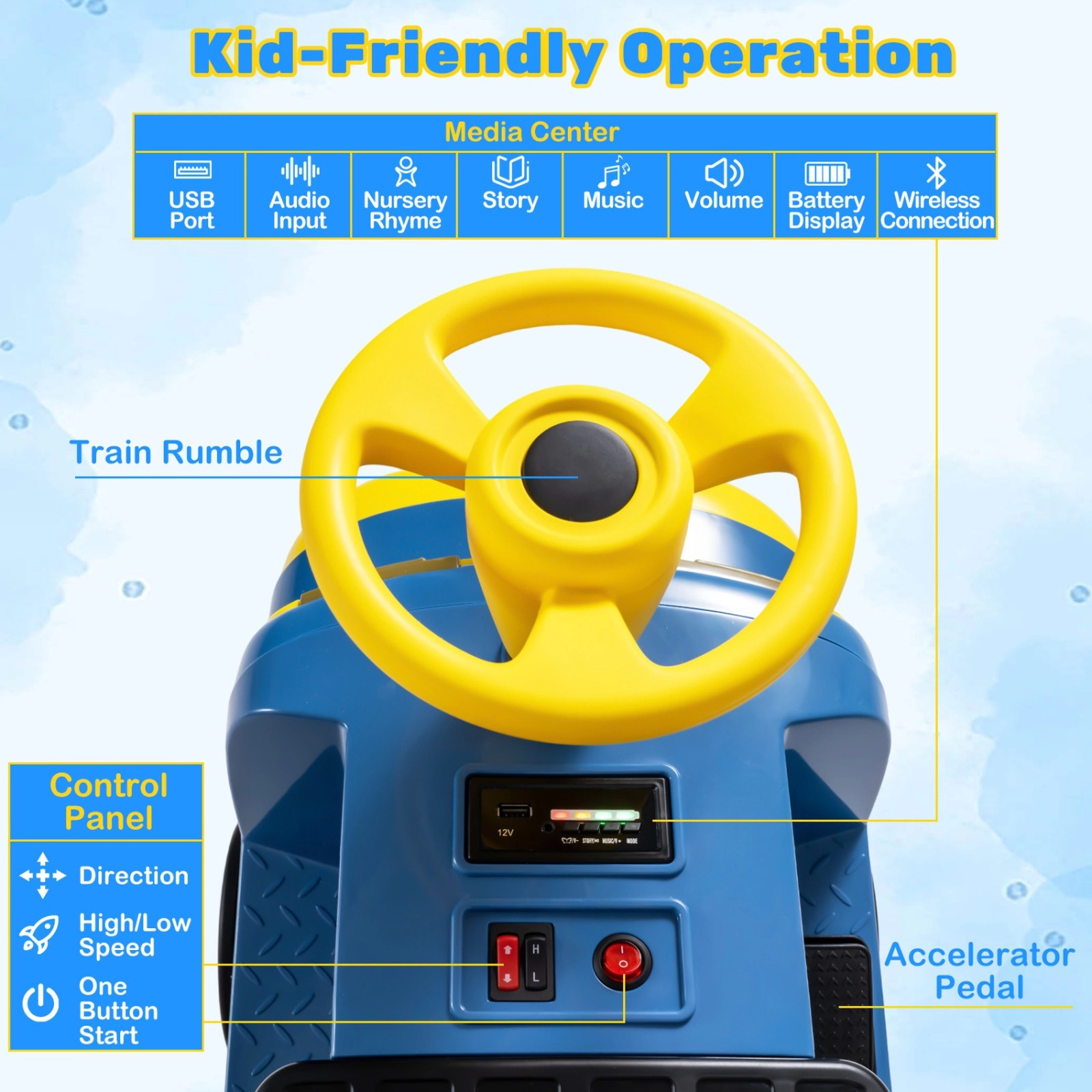 12V 2-Seater Kids Ride On Train Height Adjustable Rear Seat Hidden Storage Compartment Music Player Ages 3-8 Blue Toy