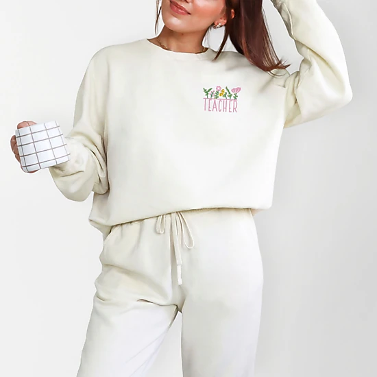 Simply Sage Market - Embroidered Teacher Flowers - Women's Lightweight Garment Dyed Sweatshirt
