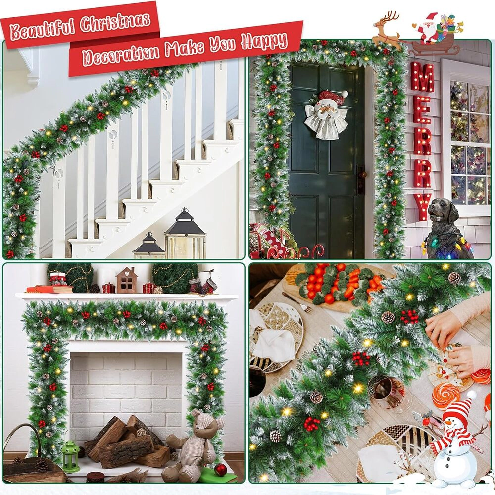 Novsight Trading Unisex Pre-Lit Flocked Christmas Garland with LED Lights 9 ft