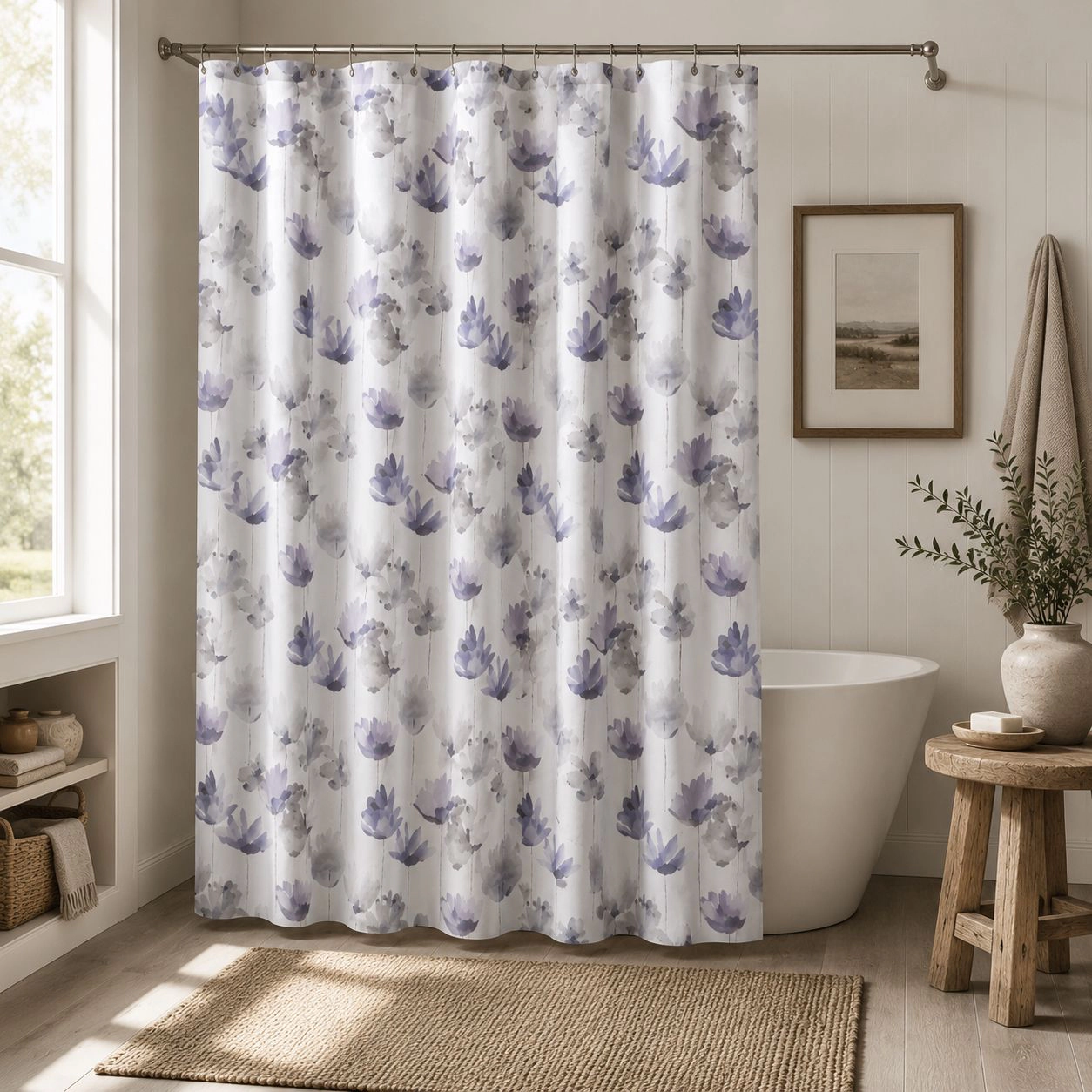 Kate Aurora Amagansett Lavender Watercolor Petals Fabric Shower Curtain
