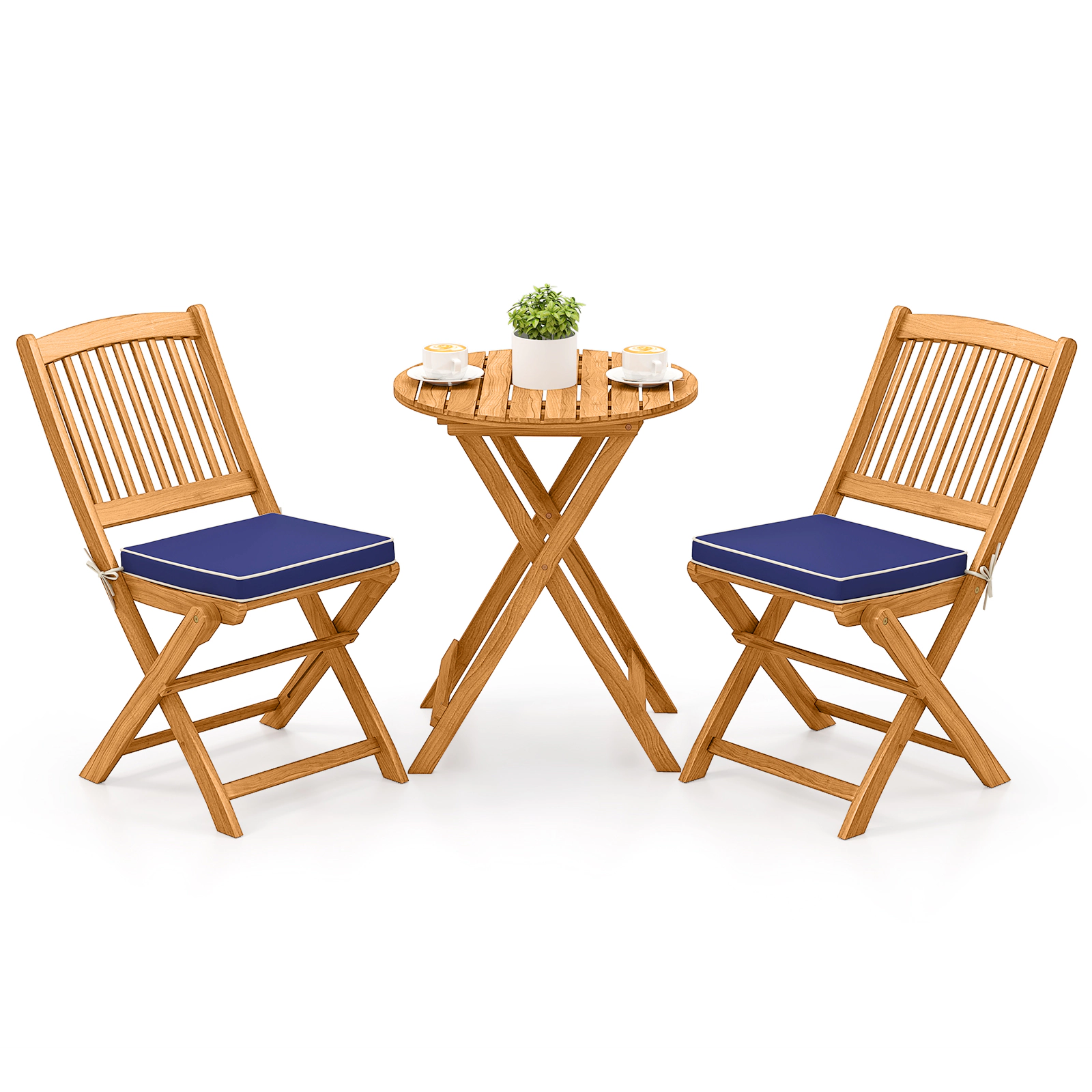 LJG 3 Pieces Acacia Wood Patio Folding Bistro Set with Soft Cushions