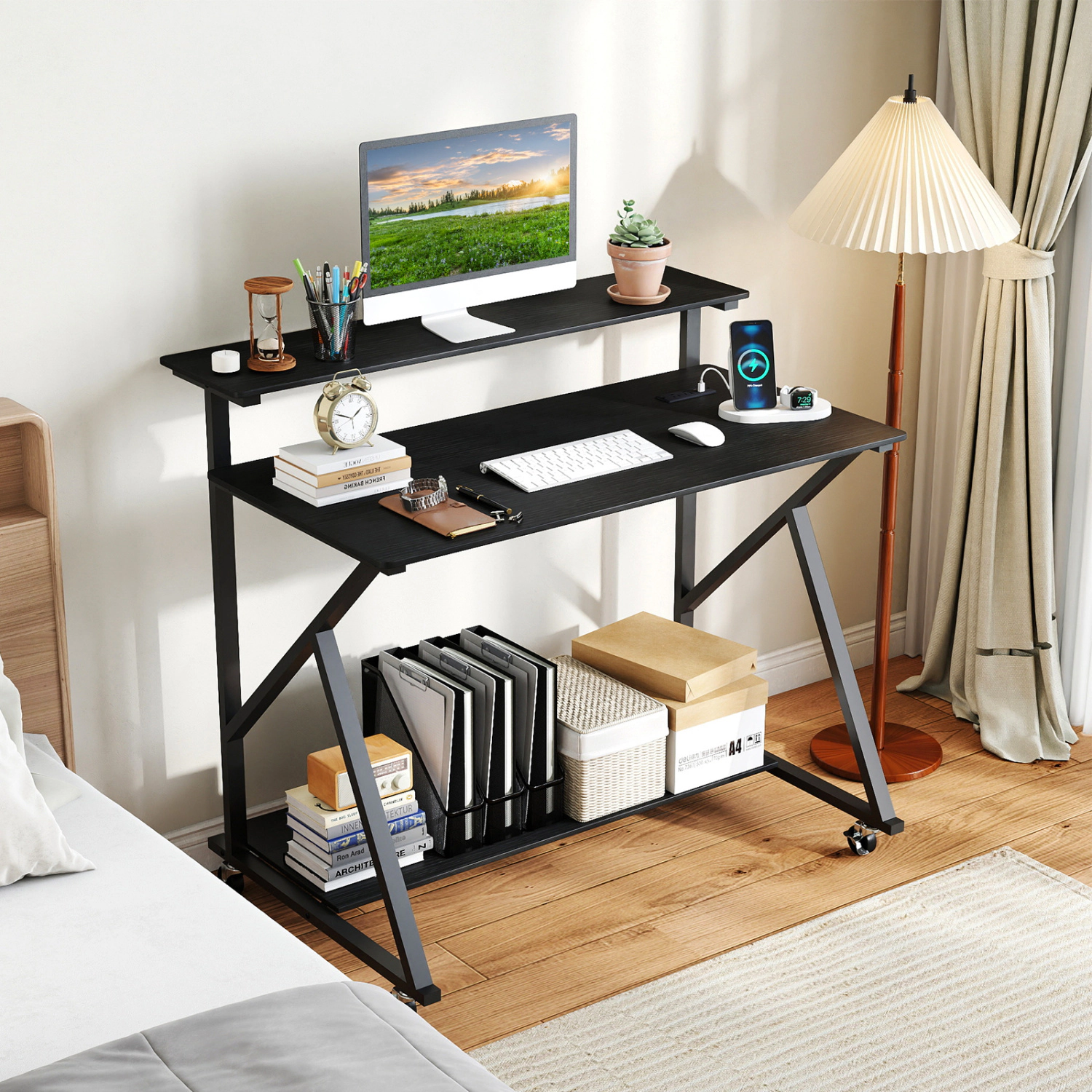 SUGIFT Rolling Computer Desk with Charging Station and Monitor Shelf 155-Lb Tabletop Capacity Rustic Brown/Black