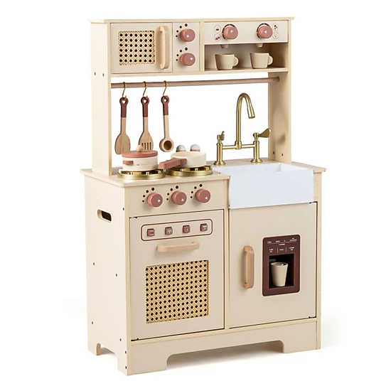 SUGIFT 23.5-in Yellow Wooden Kids Kitchen Playset with Ice Machine Coffee Maker and Rattan Accents 19.5-in Counter