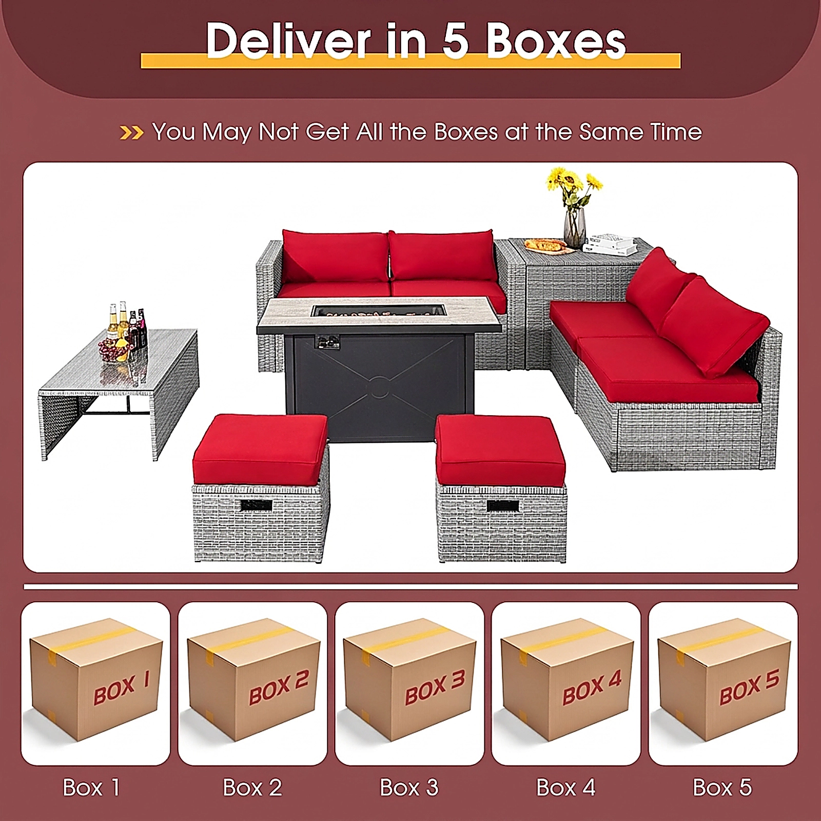 SUGIFT 9-Piece Gray PE Wicker Patio Set with 42-Inch 60,000 BTU Fire Pit Table