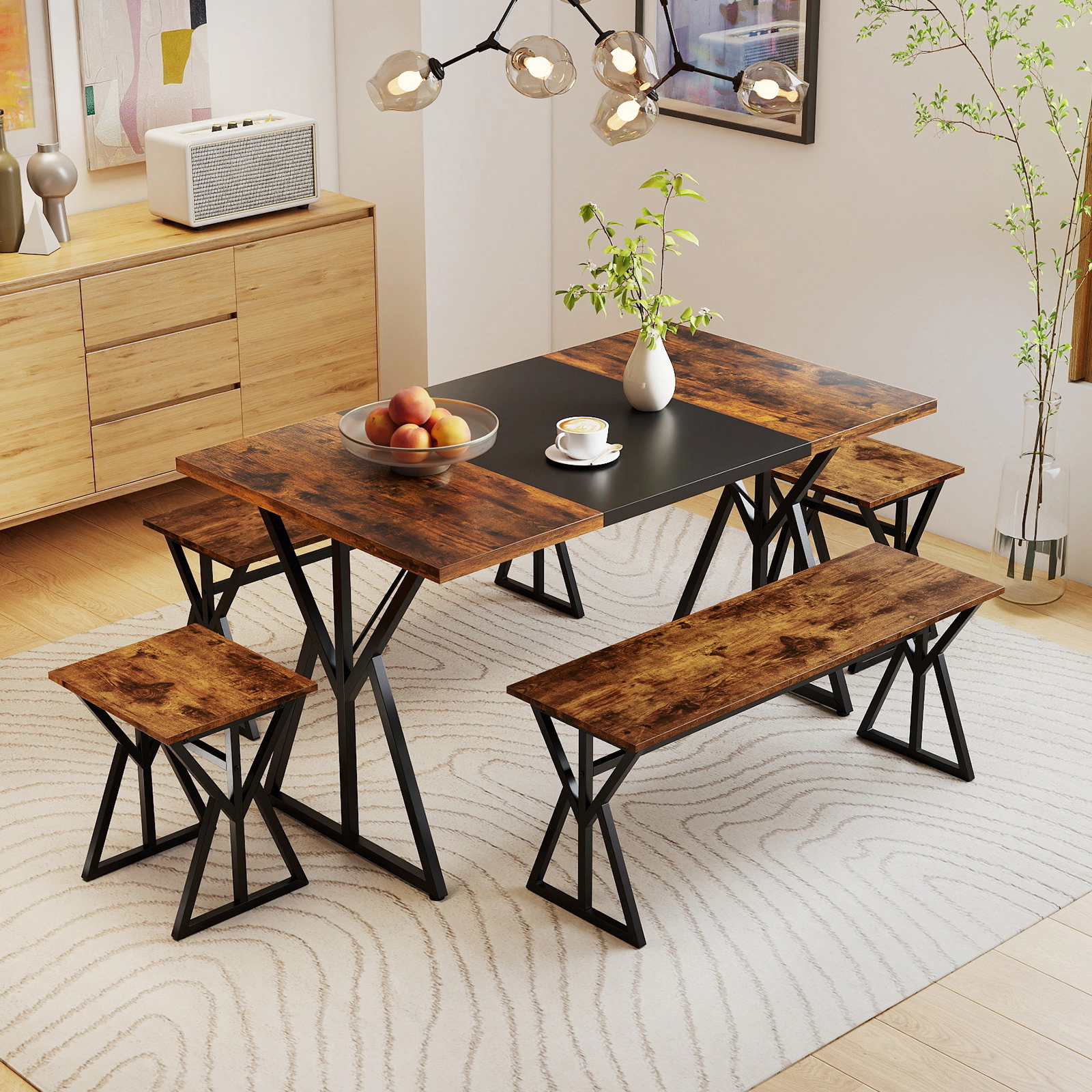 SUGIFT 5-Piece 55-Inch Rustic Brown Dining Set with 2 Benches and 2 Stools