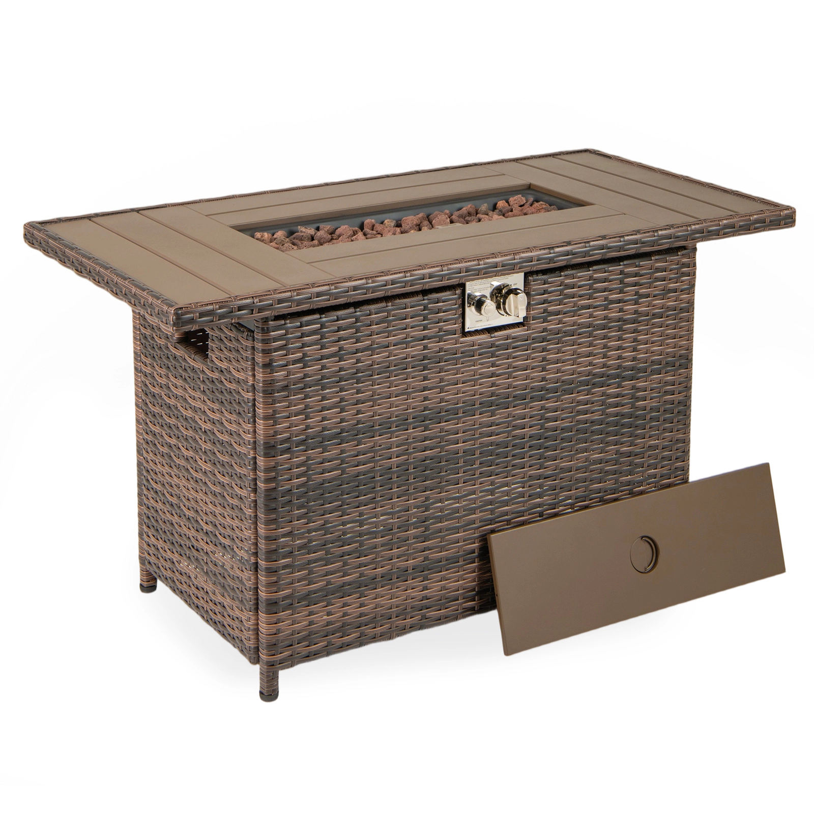SUGIFT 44.5 Inch Propane Fire Pit Table Brown Rattan 2-in-1 with Stainless Burner