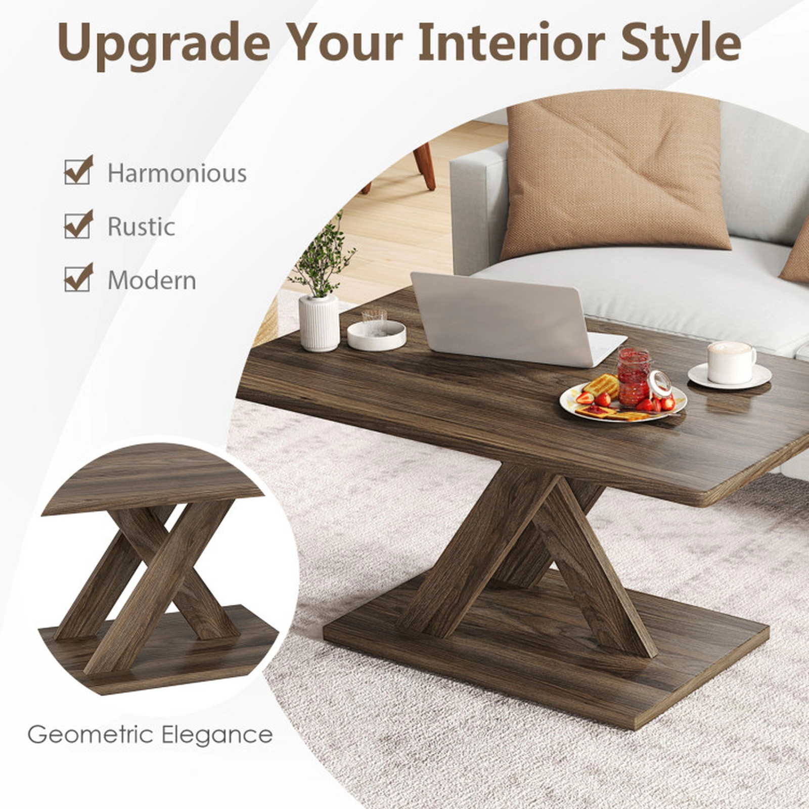 SUGIFT 37.5-in Rectangular Coffee Table with Stable Base and Rubber Wood Connection 220-lb Capacity Rustic Brown 1-Piece