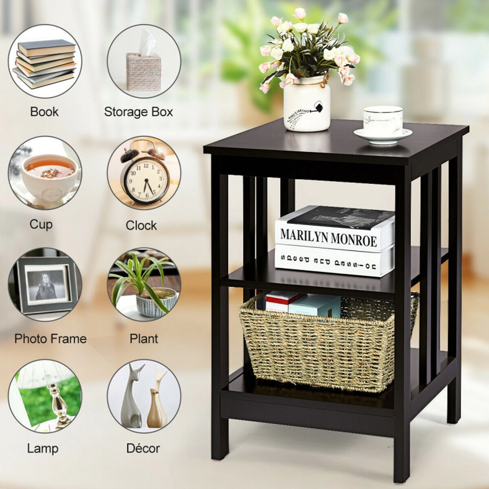 SUGIFT 3-Tier MDF Nightstand Sofa Side Table with Baffles 24-in Tall 45-lb Capacity Dark Brown