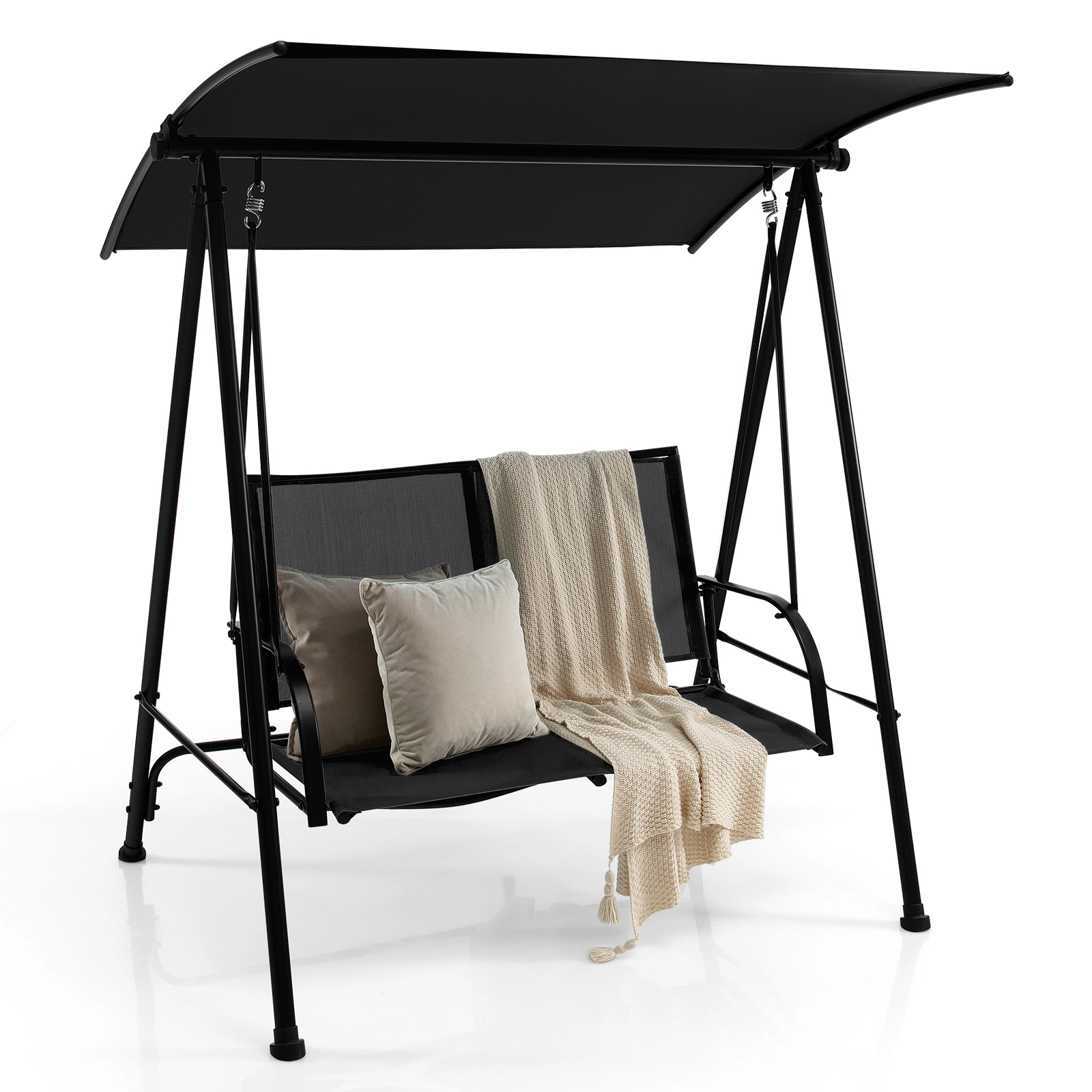 SUGIFT Black Fabric Seat and Heavy-Duty Metal Frame 2-Seat Outdoor Canopy Swing