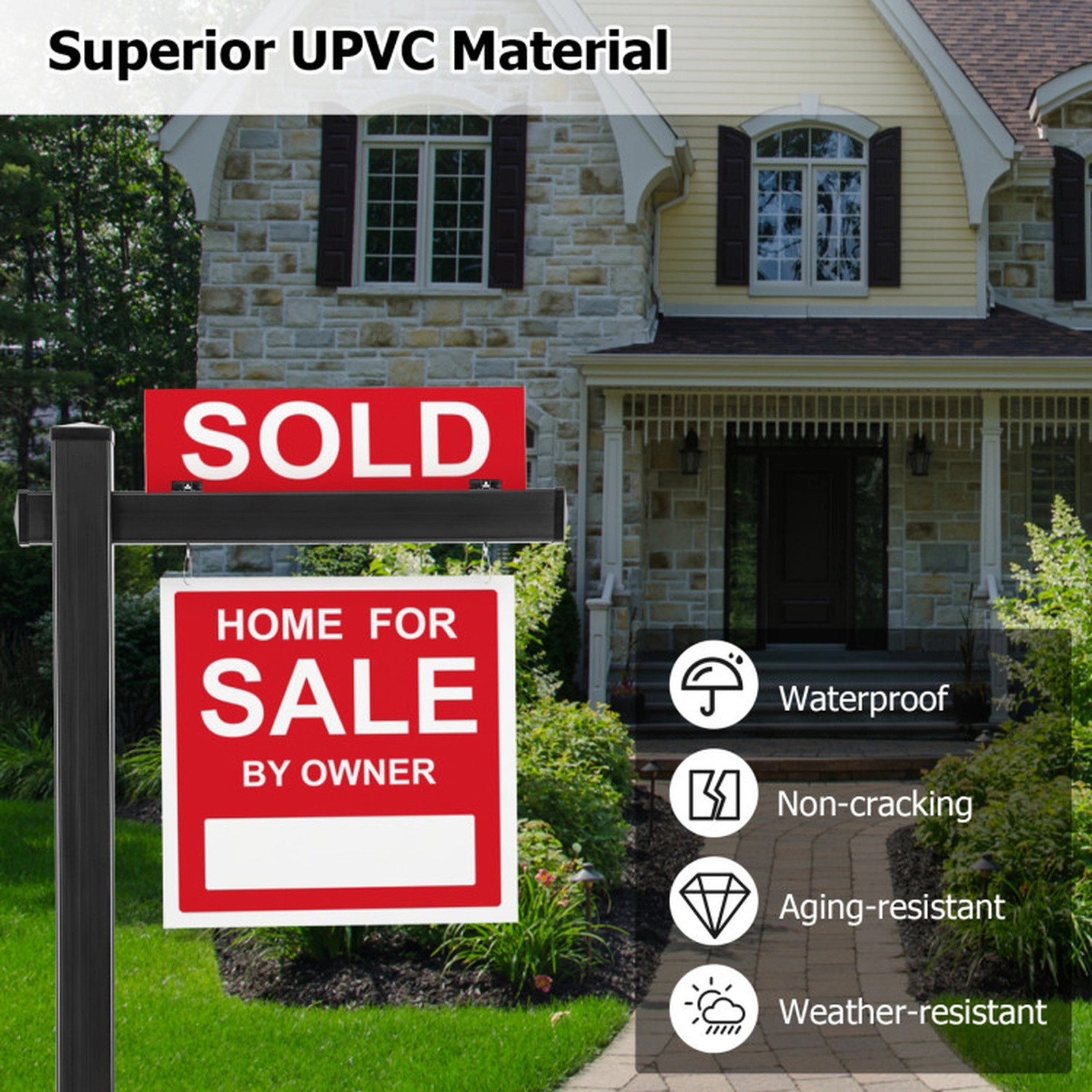 SUGIFT Set of 4 6-ft UPVC Vinyl Real Estate Realtor Yard Sign Posts with 36-in Arm and Steel Ground Stake
