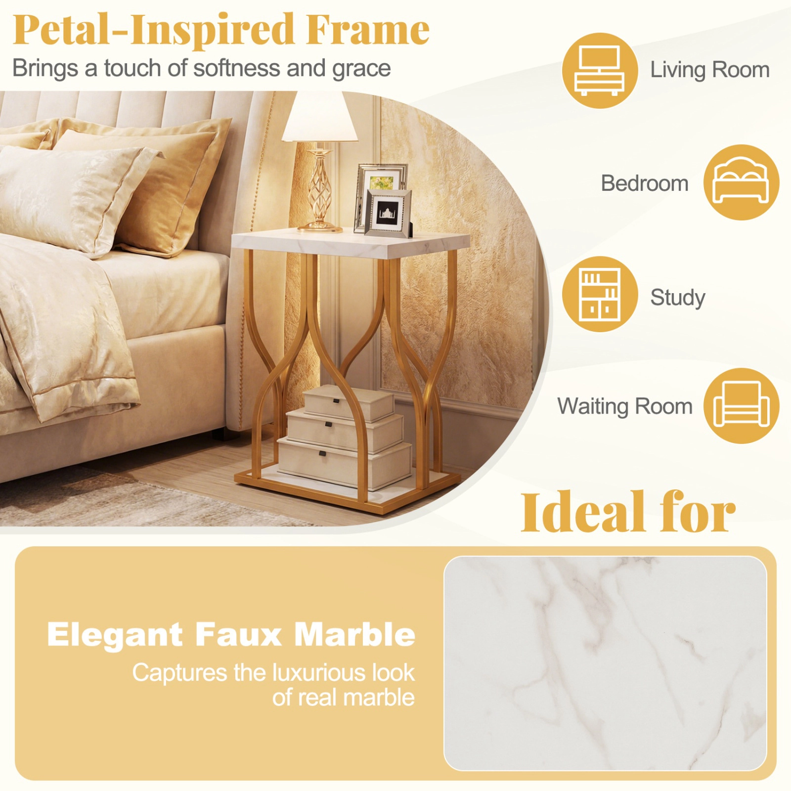 SUGIFT Faux Marble Bedside Night Stand with Petal-Inspired Metal Frame 100-lb Top Capacity White & Gold