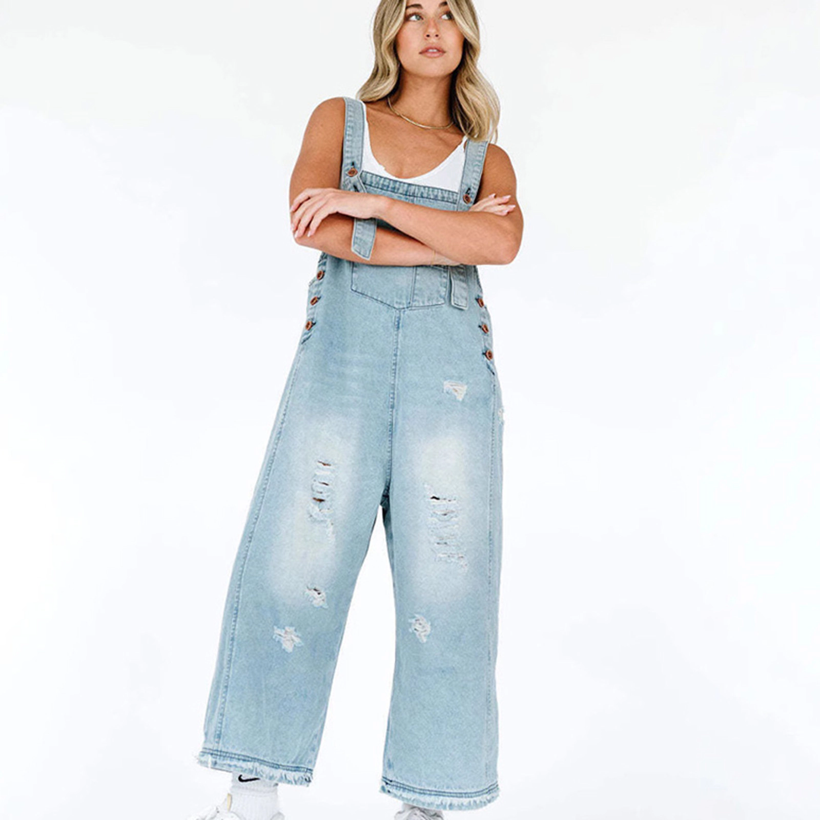 EadianDree Womens Distressed Denim Overalls Loose Wide Leg Cropped Bib Overalls Adjustable Straps Casual Jean Jumpsuit