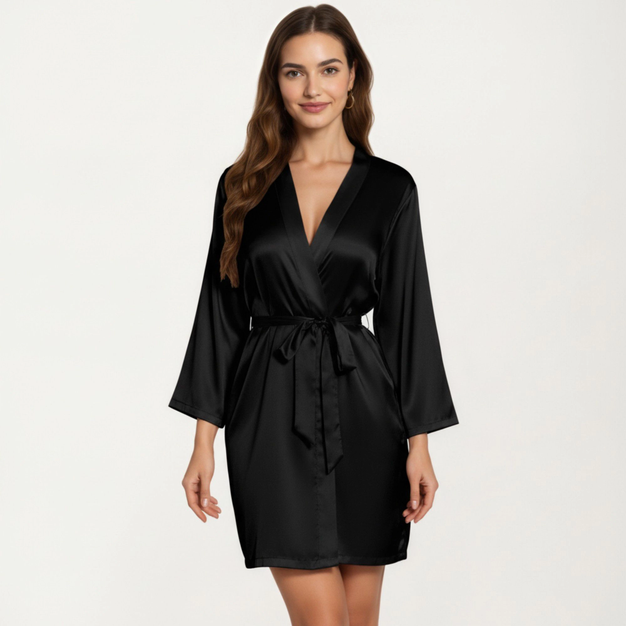 Anna-Kaci Women's Satin Short Robe with Wrap Front Design and Adjustable Tie Waist Smooth Lightweight Silky Fabric