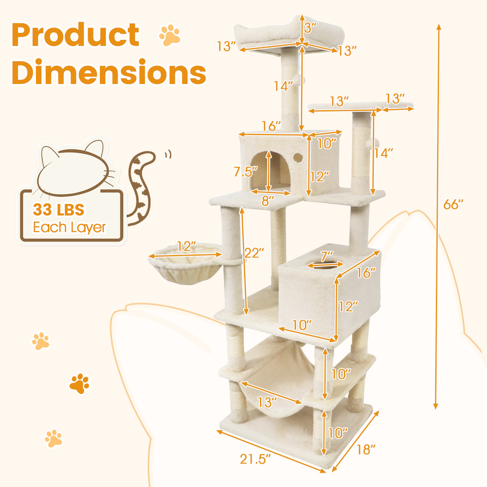 SUGIFT 66 Cat Tower with 2 Condos Perches Hammock and Woven Basket