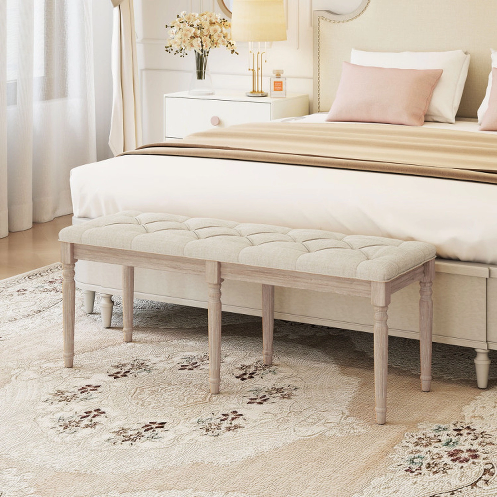 SUGIFT 47.5-In Beige Tufted Linen Upholstered Bedroom Bench, 440-Lb Capacity, Rubber Wood Legs