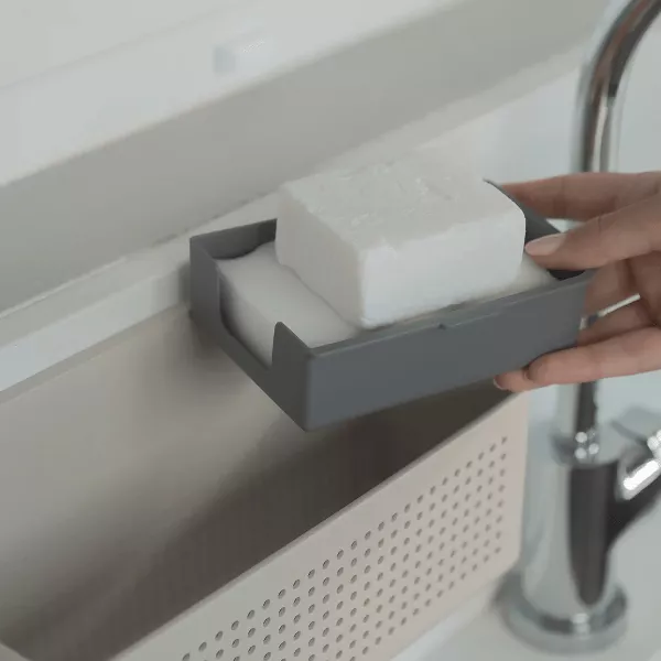 OU Hanging Sink Organizer - Self-Adhesive Caddy w/ Removable Sponge Tray, Space Saving Wall Mounted Kitchen Storage
