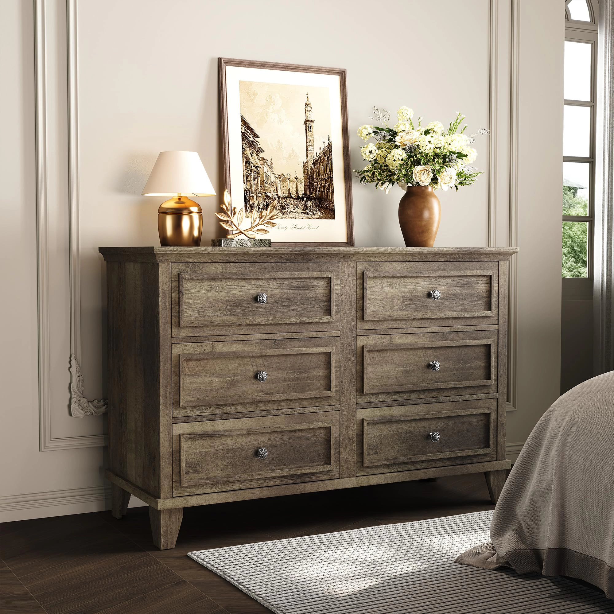 6 Drawer Dresser, Wooden Storage Chest with Metal Handles, Large TV Stand for Bedroom & Living Room