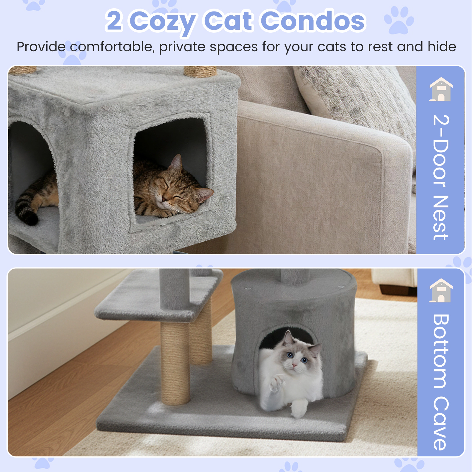 SUGIFT 64-in Light Grey Tall Cat Tree Scratching Tower with Natural Jute Posts 2 Condos and Top Perch