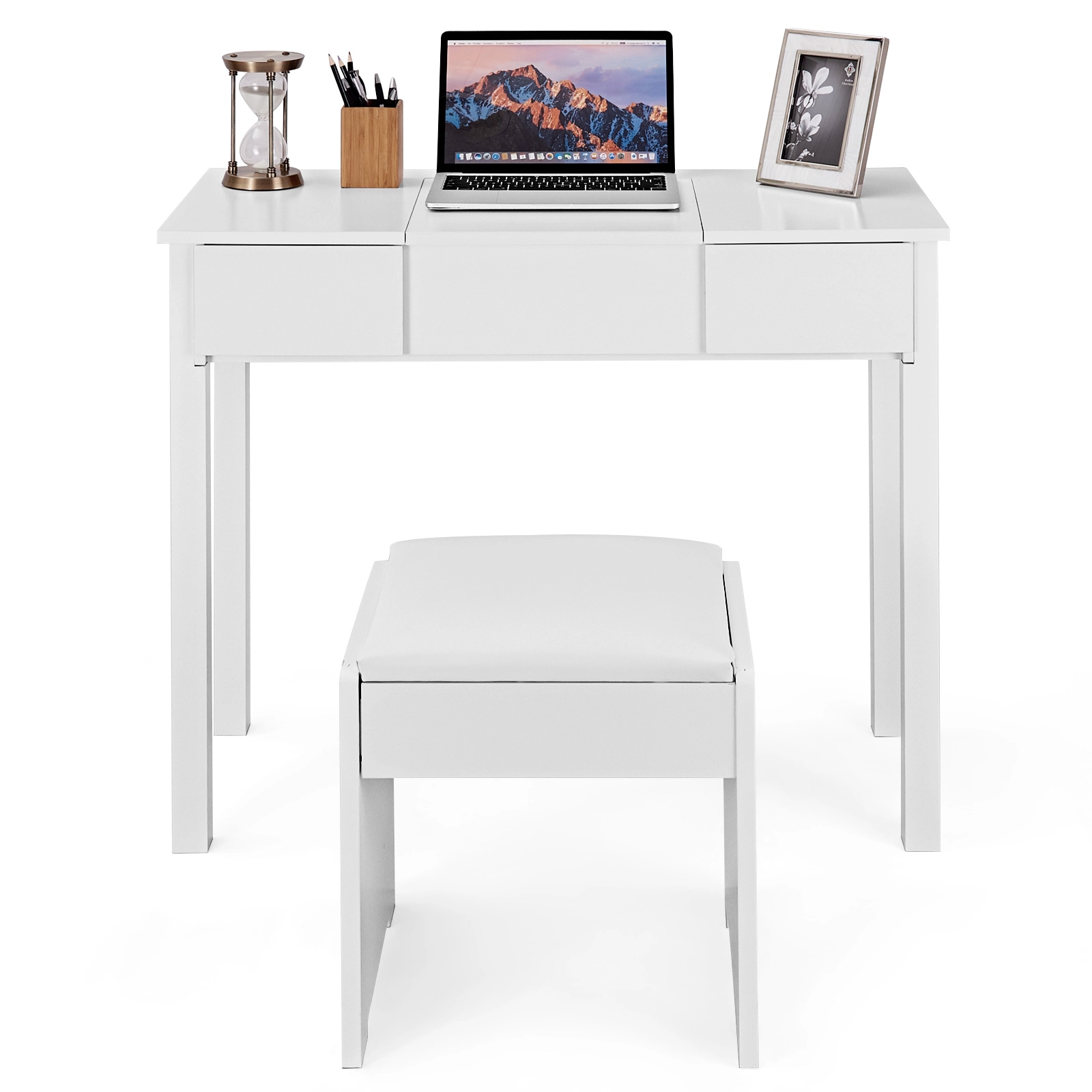 SUGIFT 35.4-in White Flip Top Vanity Makeup Dressing Table Set with Hidden Storage and Cushioned Stool