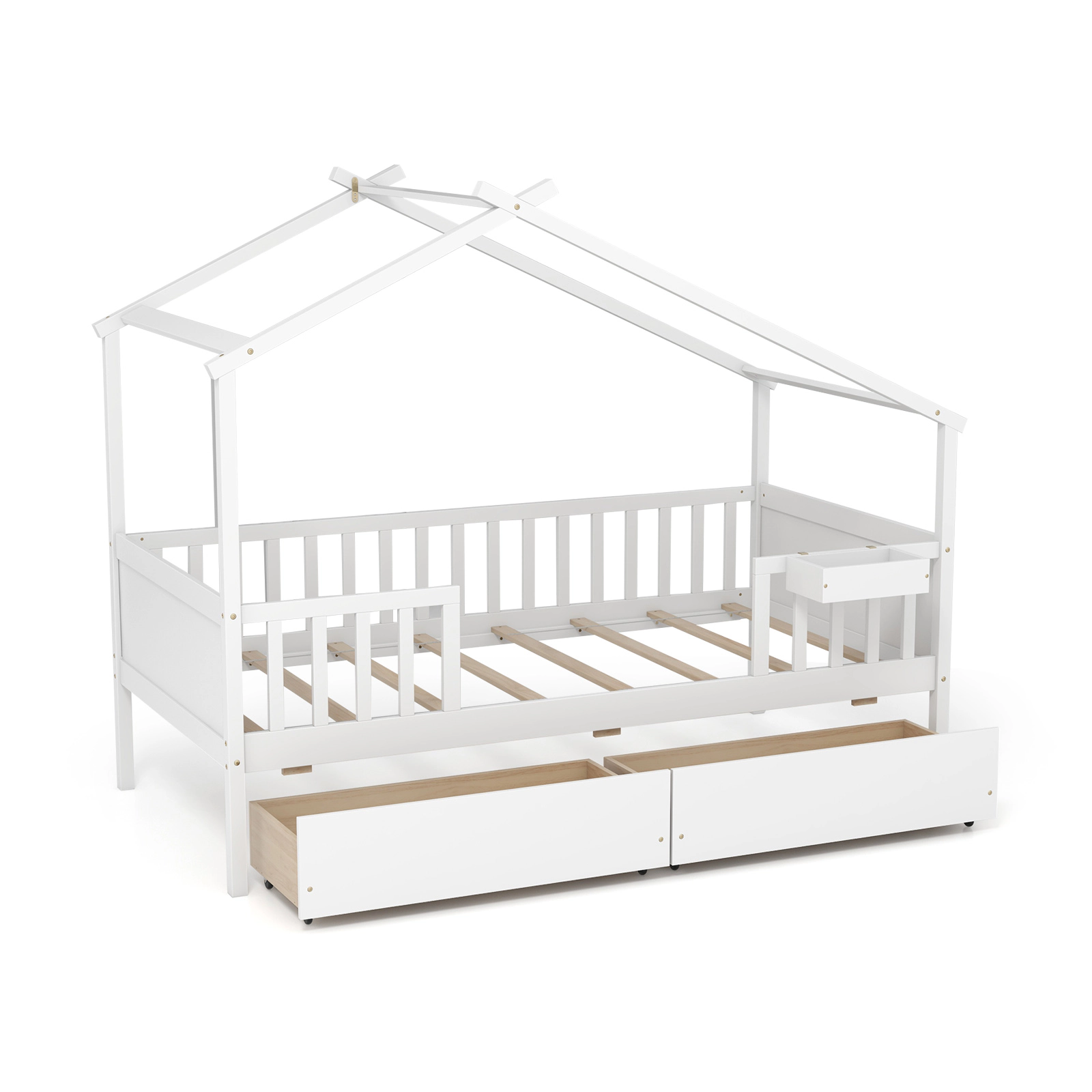 SUGIFT House-Shaped Twin Bed Frame with Roof and Fence Rails 200-lb Capacity with 2 Storage Drawers White