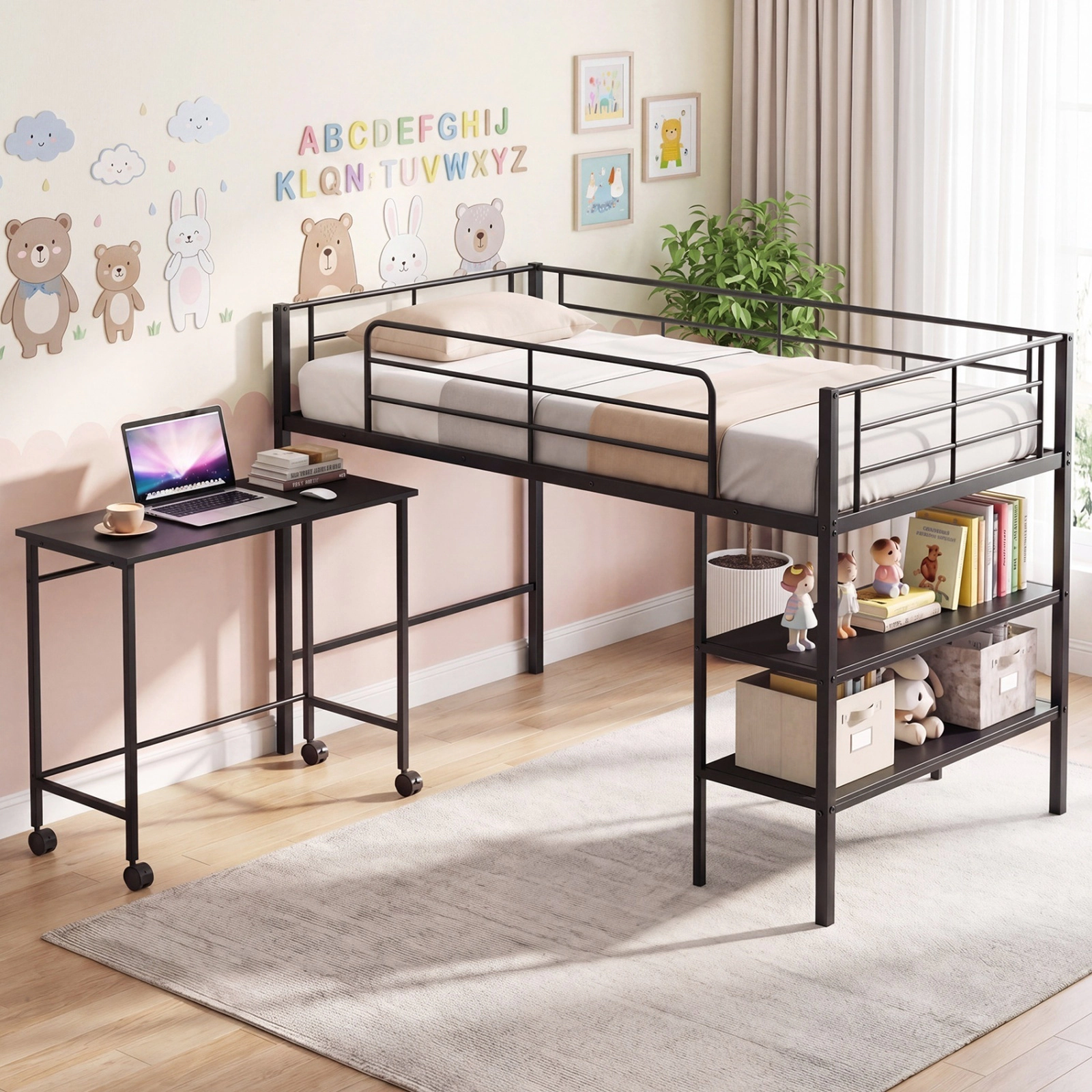 SUGIFT Twin Loft Bed with Rolling Desk and Bookshelf, Black Metal and Wood Frame