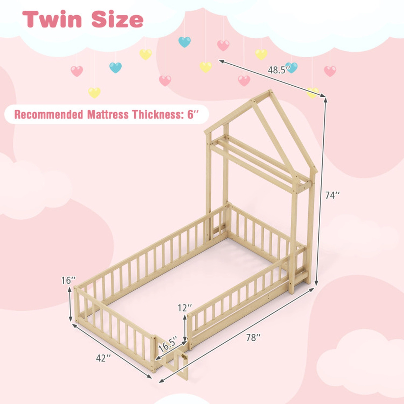 SUGIFT Kids Twin Size House-Shaped Headboard Fence Rails Floor Bed 78-in x 48.5-in x 74-in Fits 6-in Mattress Natural
