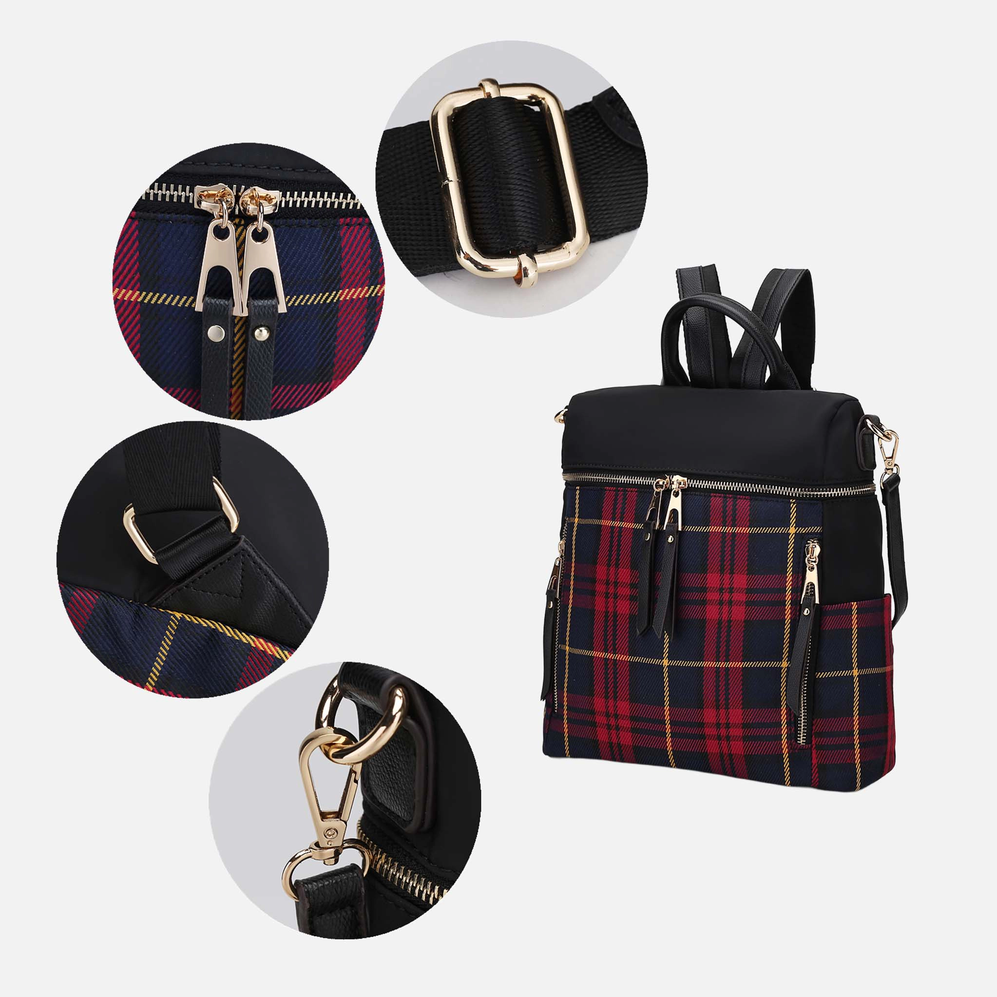 Mia K Collection Nishi Plaid Nylon Backpack with Removable Shoulder Strap - Mustard