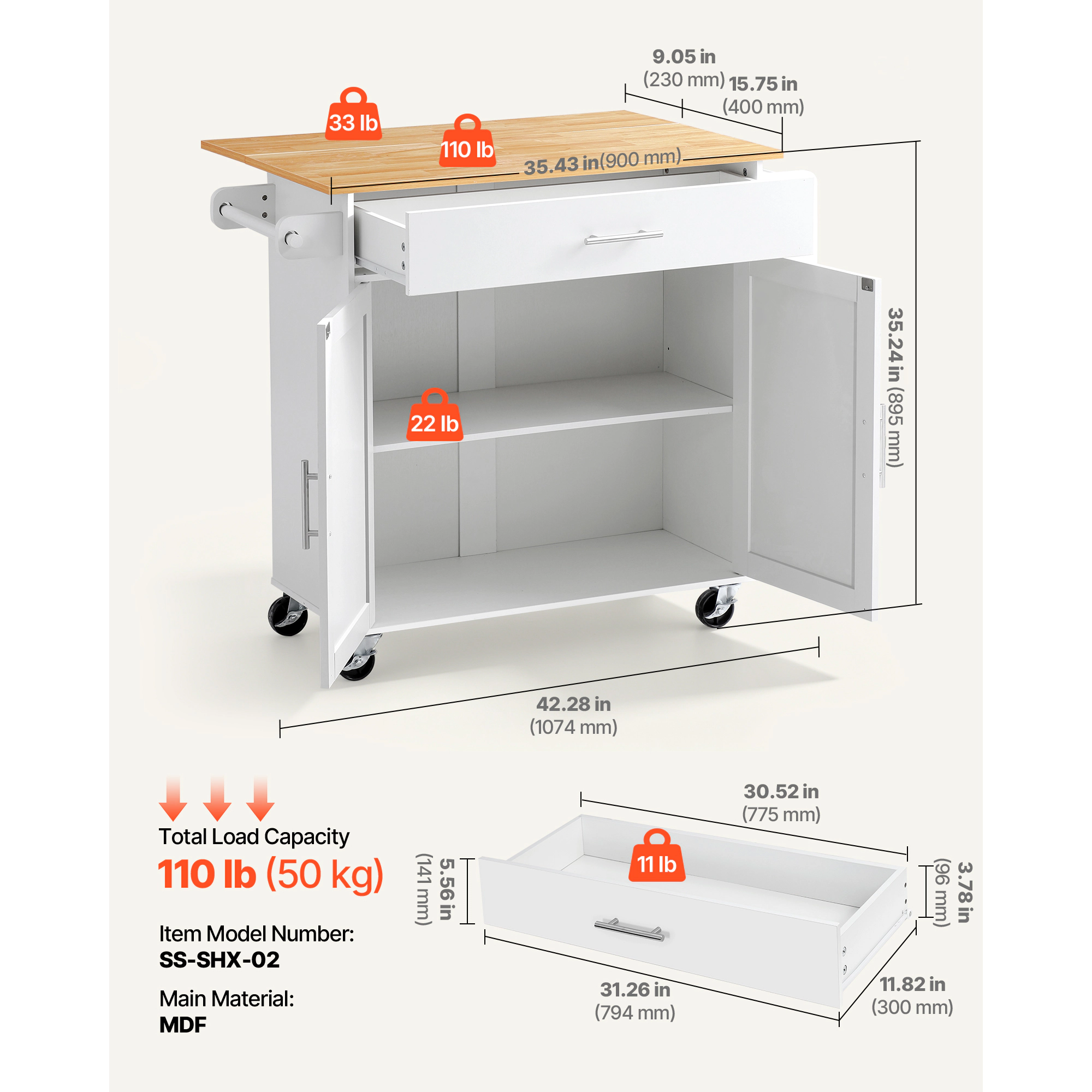 HONGGE Kitchen Island Cart with Storage 42.28 Wide Mobile Rolling on Swivel Wheels Drawer