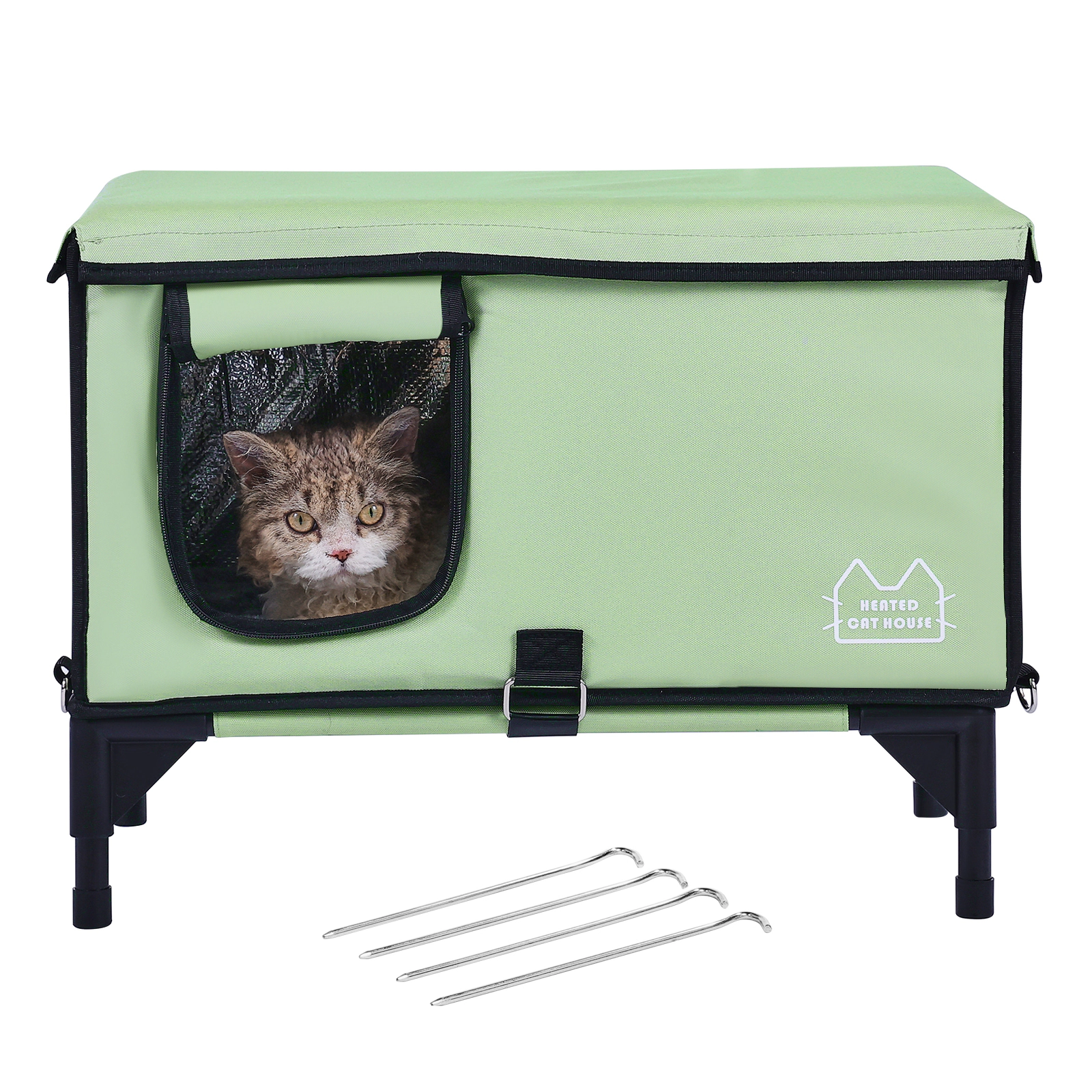 HONGGE Elevated Heated Cat House Cuboid Kitty Shelter with Adjustable Temperature and Timer 900D Oxford Cloth Foldable