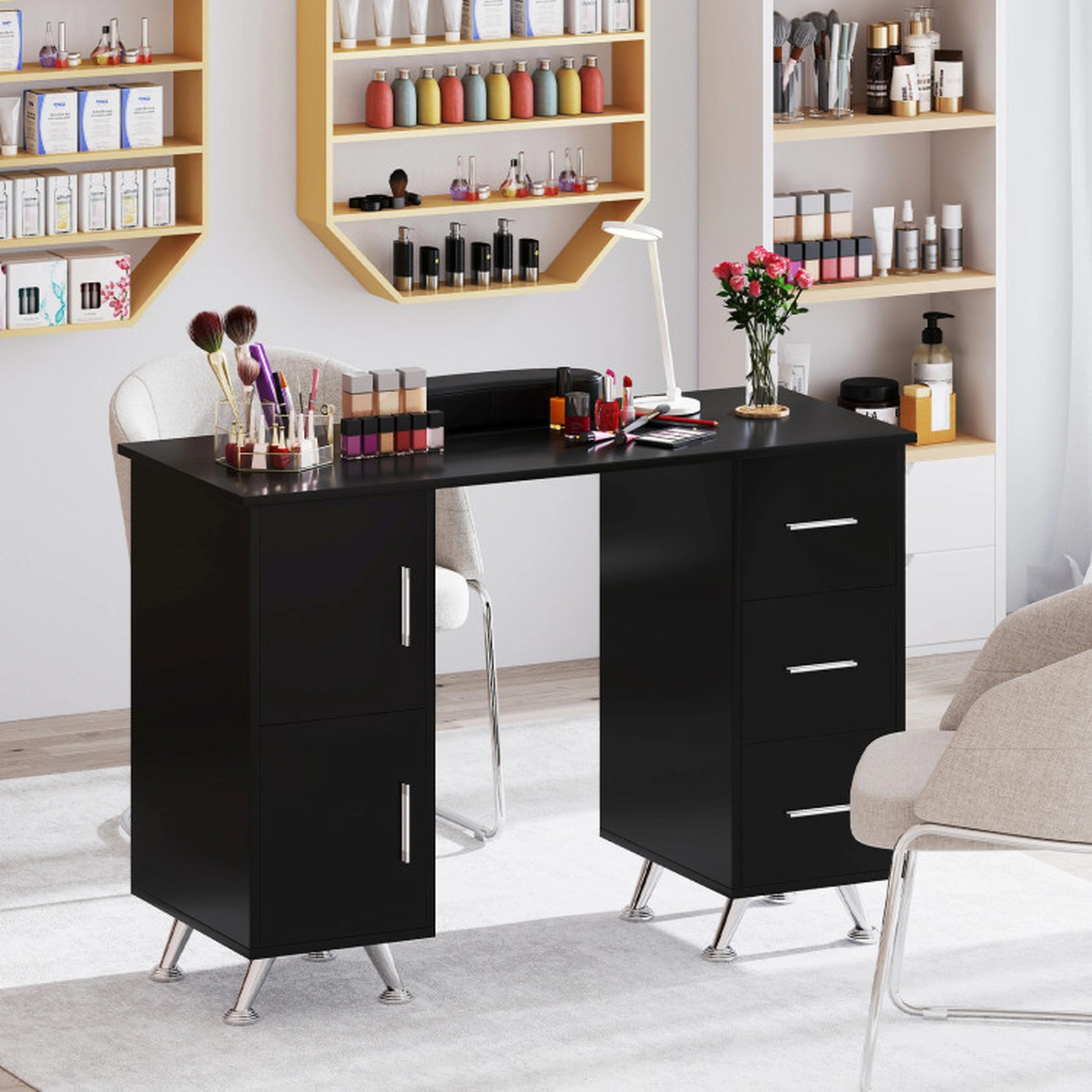 SUGIFT 3 Drawers 2 Cabinets Acetone Resistant Wrist Rest Manicure Nail Desk 43-in x 18-in x 30-in 88-lb Capacity Black