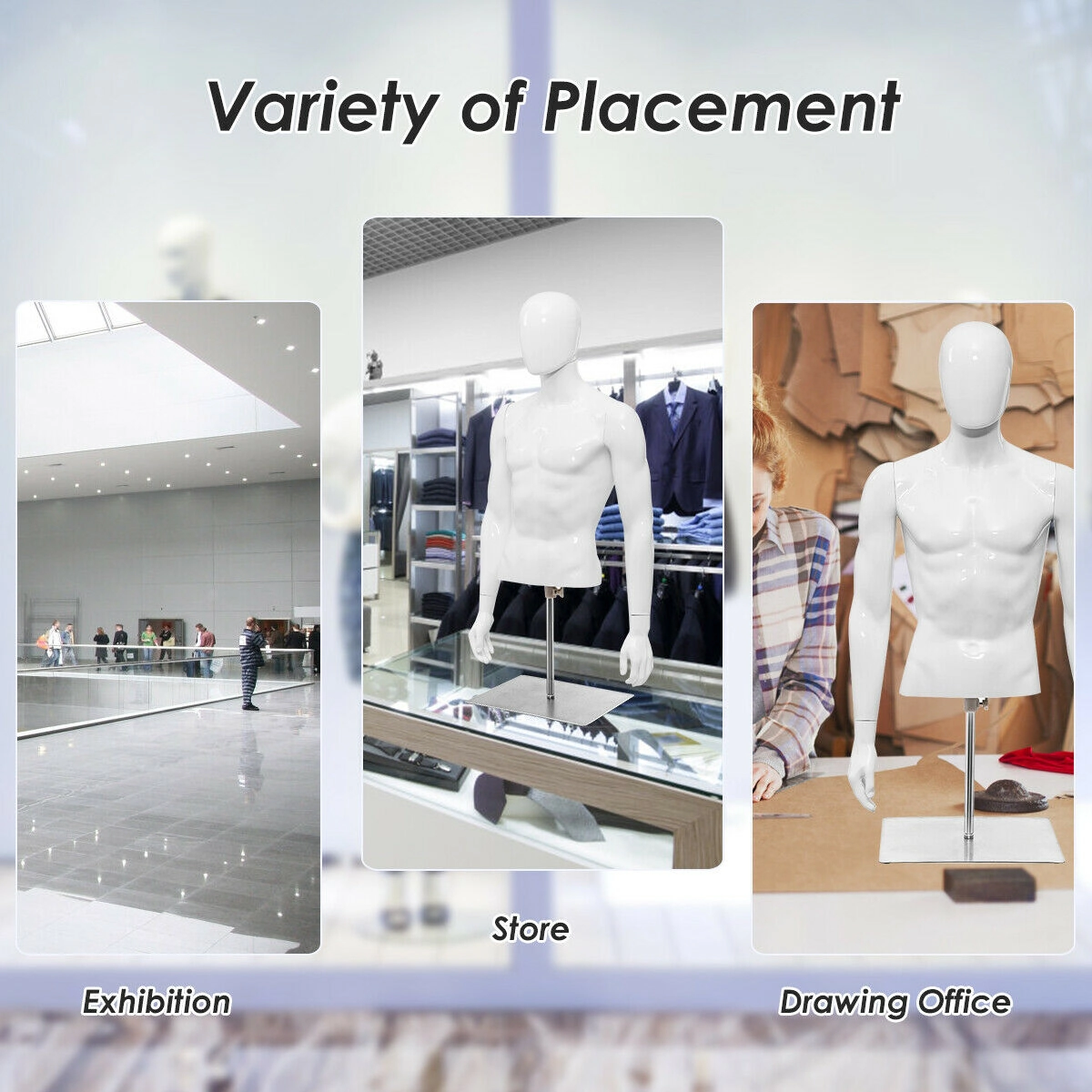 SUGIFT Mens 42.5-in to 52-in Adjustable Rotating Head Metal Base Half Body Mannequin 19-in Shoulder 12-lb White