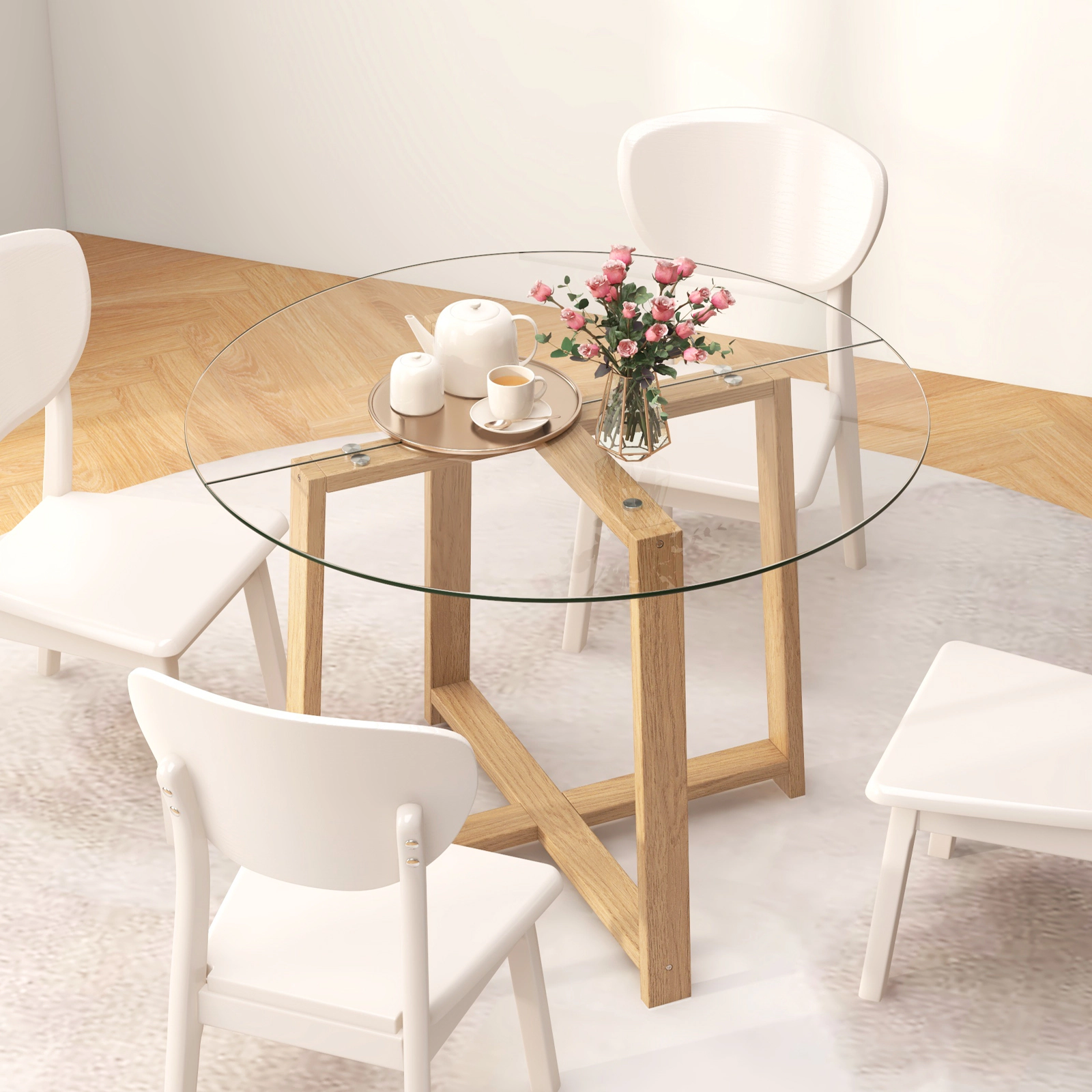 LJG 42 Inches Round Glass Dining Table with Tempered Glass Tabletop and Rubber Wood Legs
