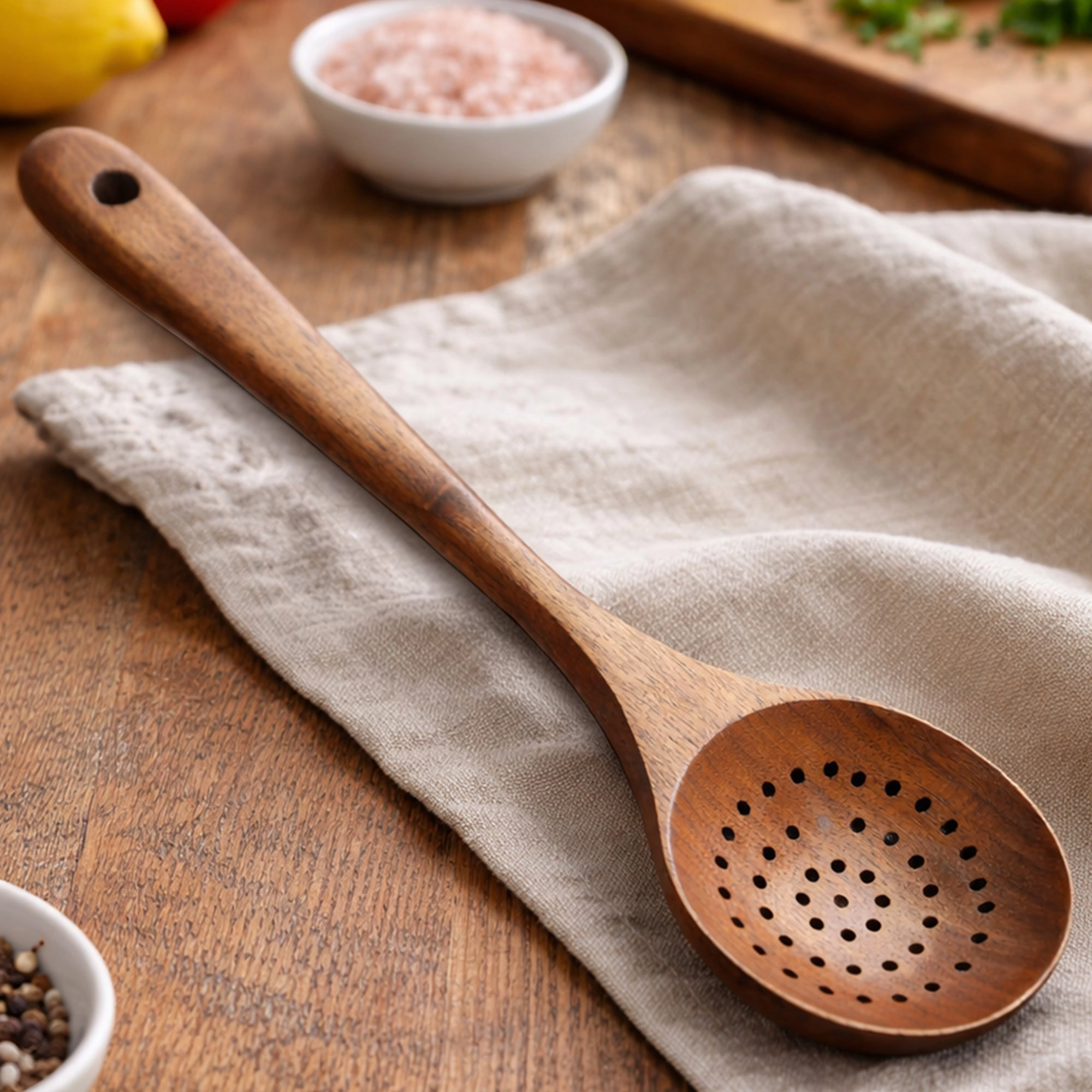 Cheer Collection Teak Wood Strainer Spoon for Pasta and Cooking with Drain Holes