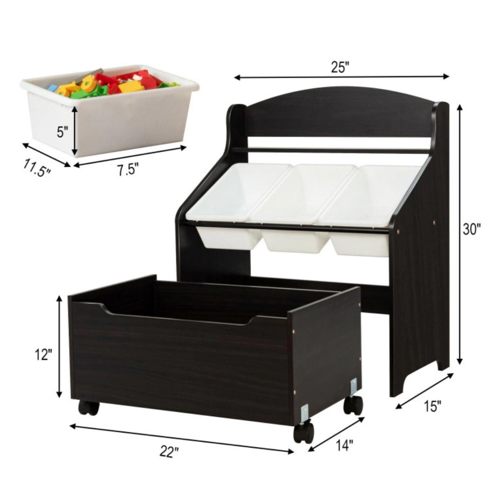 Hivvago Kids Wooden Toy Storage Unit Organizer with Rolling Toy Box and Plastic Bins