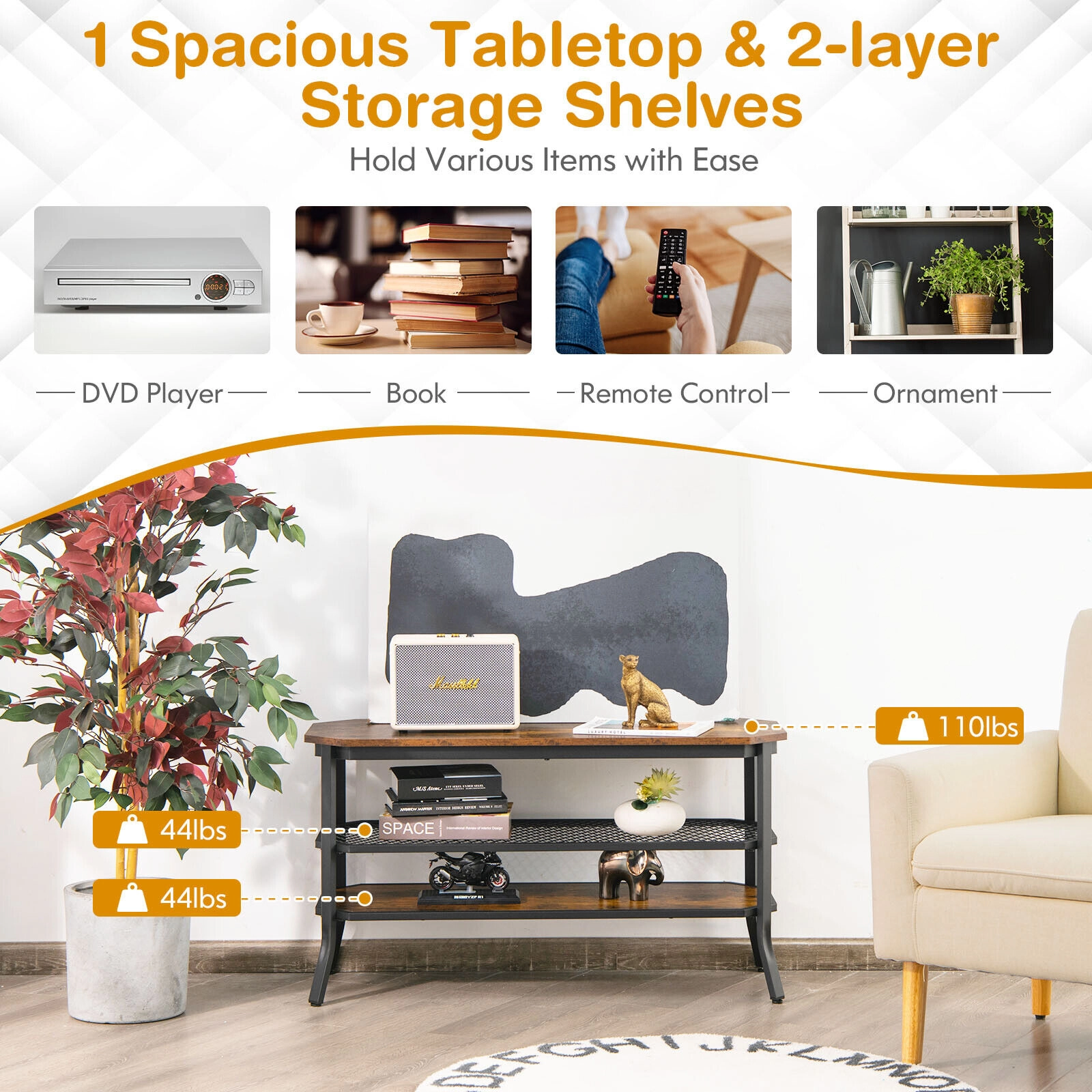 SUGIFT 39.5 in TV Stand Rustic Brown 3-Tier Console Table with Mesh Storage Shelves