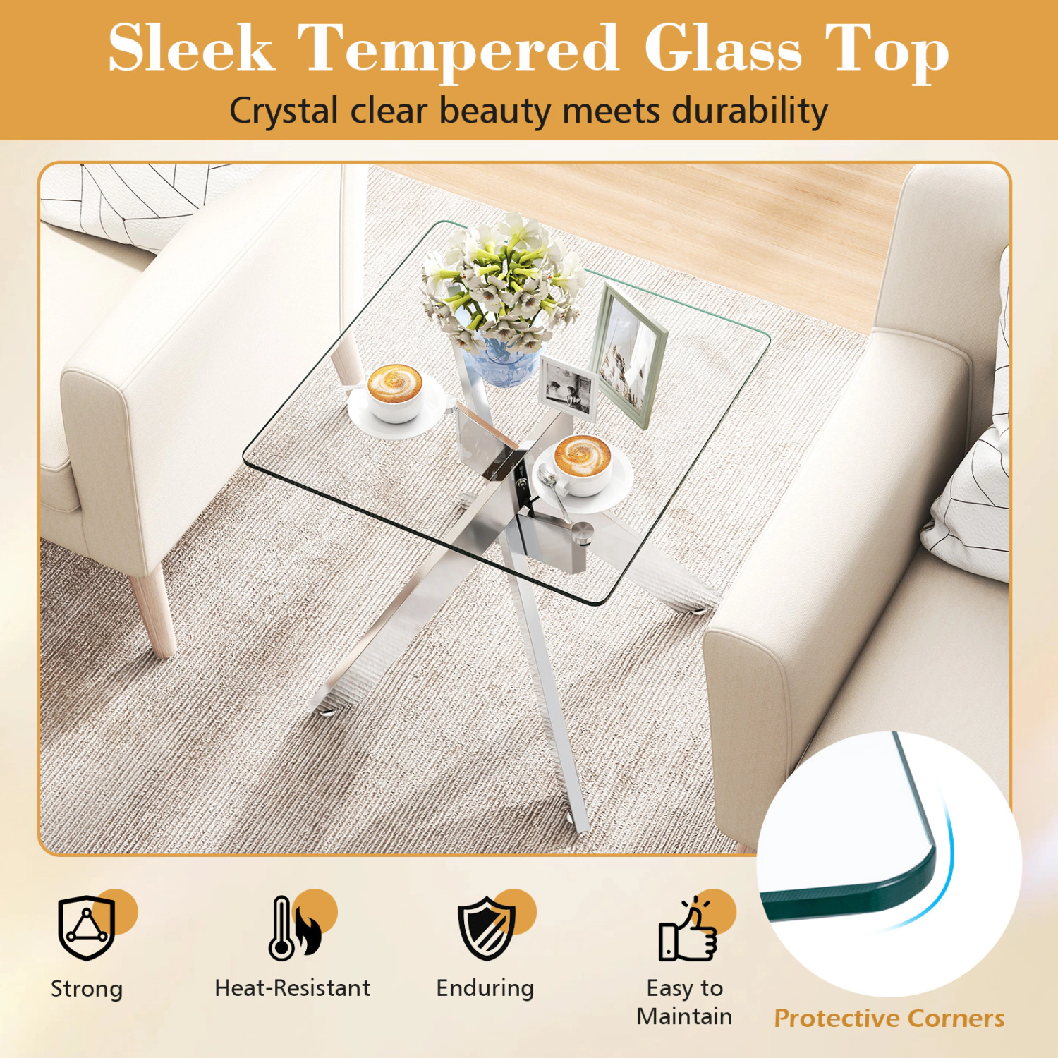Glintex Square Tempered Glass End Table with Double X-Frame Metal Base, Silver