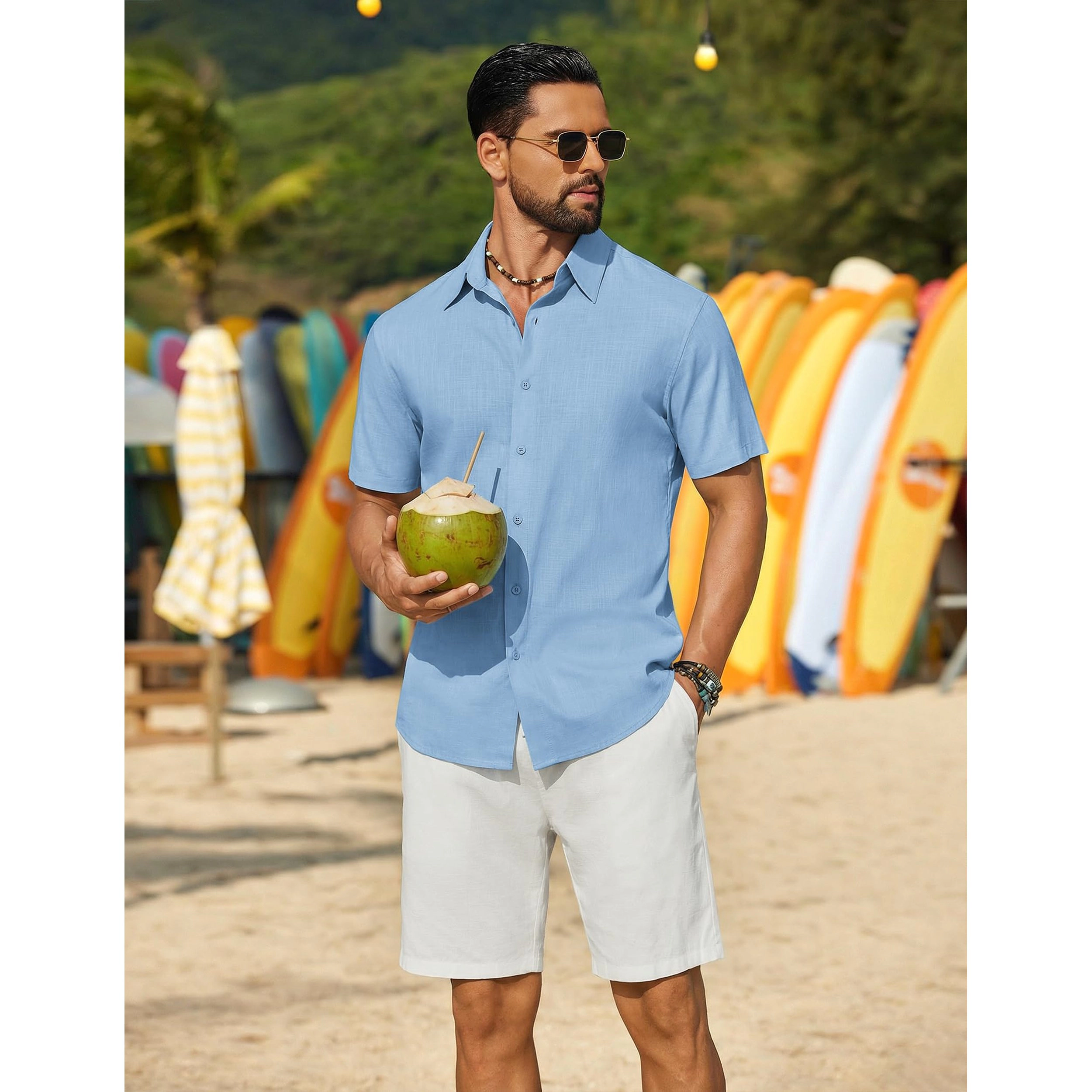 COOFANDY Mens Short Sleeve Button Down Shirts  Lapel V Neck Casual Loose Tops