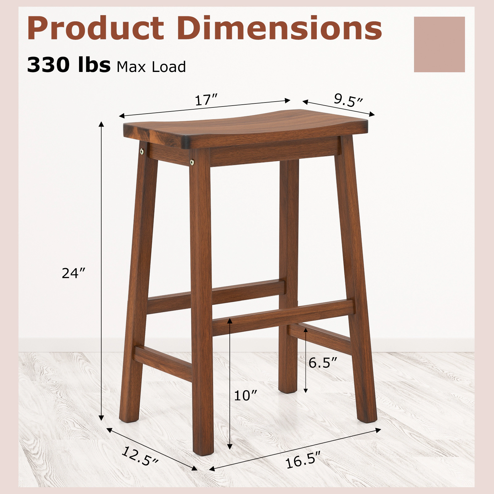 SUGIFT Set of 2 24 in Backless Solid Rubber Wood Saddle Seat Counter Stools, Walnut Finish