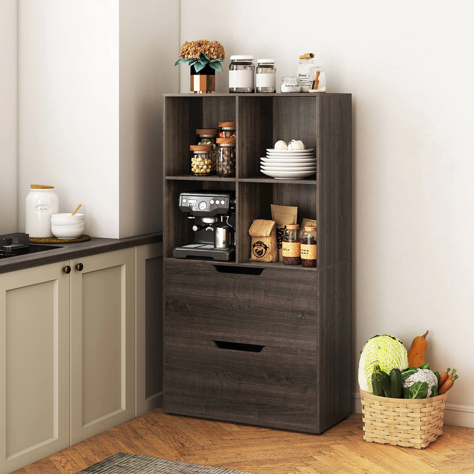 Costway 2 PCS 4-Cube Bookcase with Drawers, Tall Freestanding Bookshelf for Living Room Gray