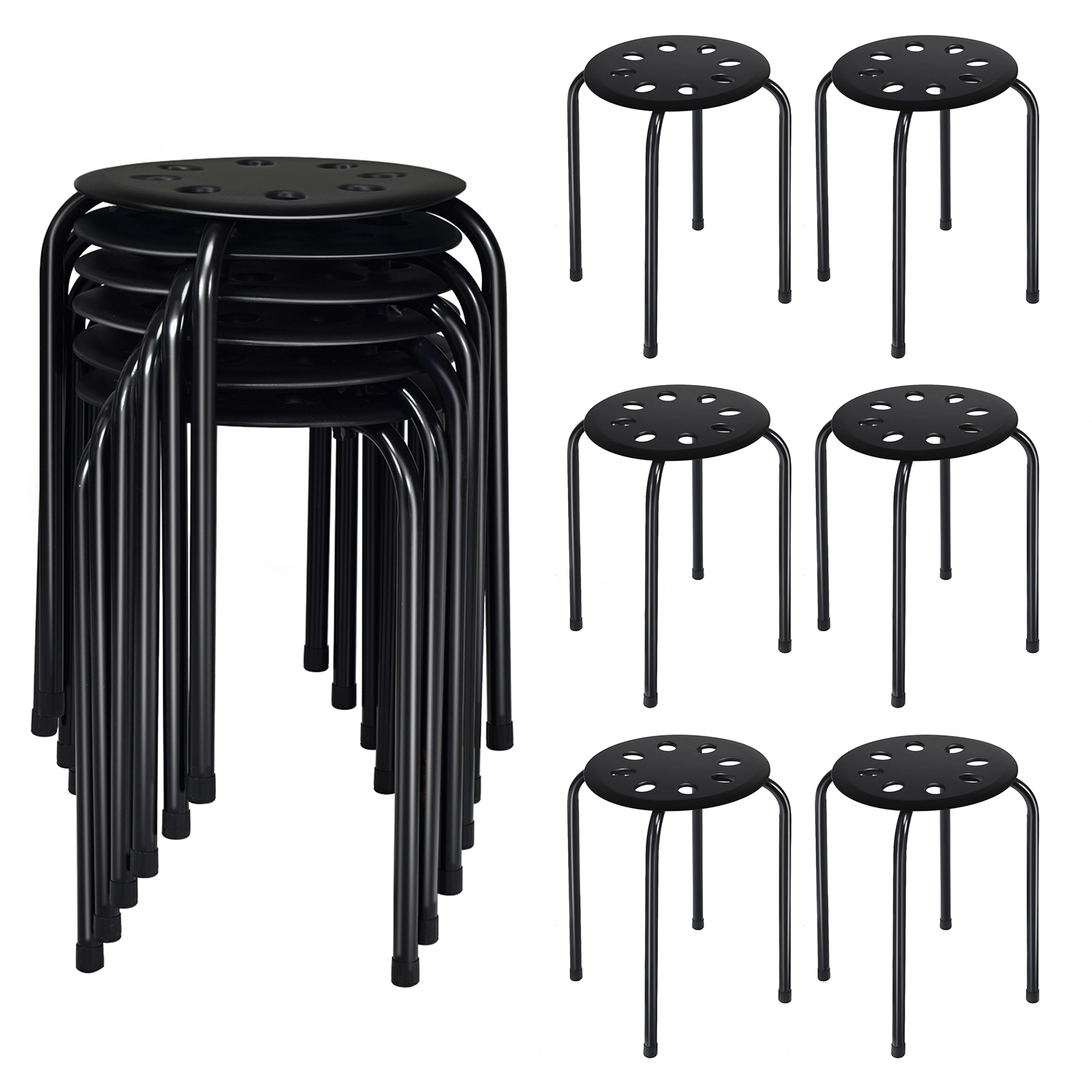 SUGIFT Set of 6 Stackable Steel and Plastic Stools 220-lb Capacity 17.5-in Tall Black/Multicolor/Gray