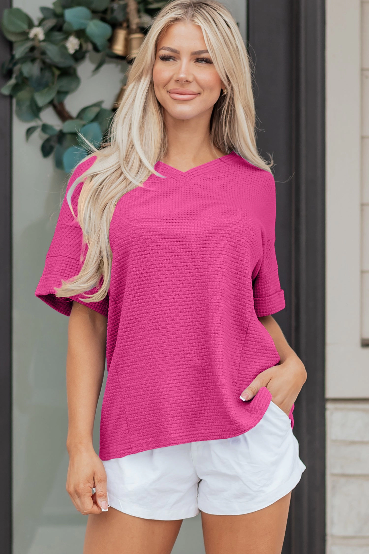 Threaded Pear Alexia Waffle Knit Short Sleeve Top