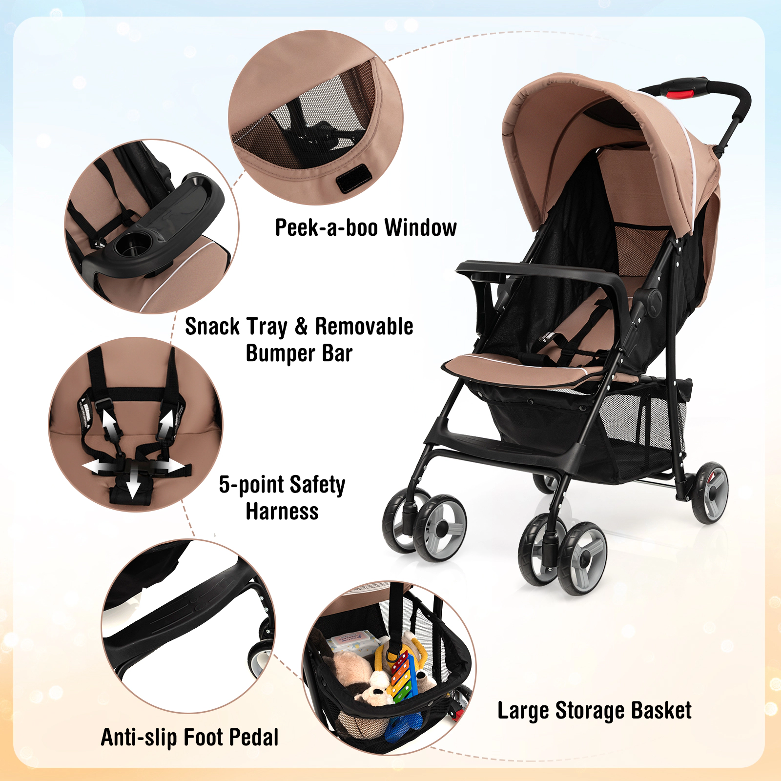 SUGIFT Coffee 33-lb Capacity Lightweight Toddler Travel Stroller with Canopy Skylight and Feeding Tray