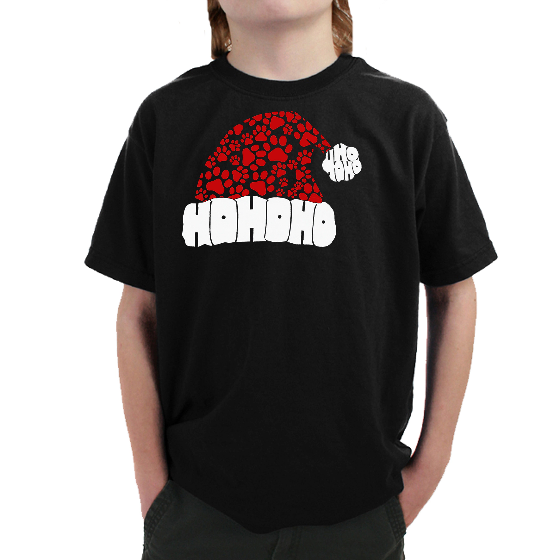 LA Pop Art Boy's Word T-Shirt - Paw Print Santa Hat