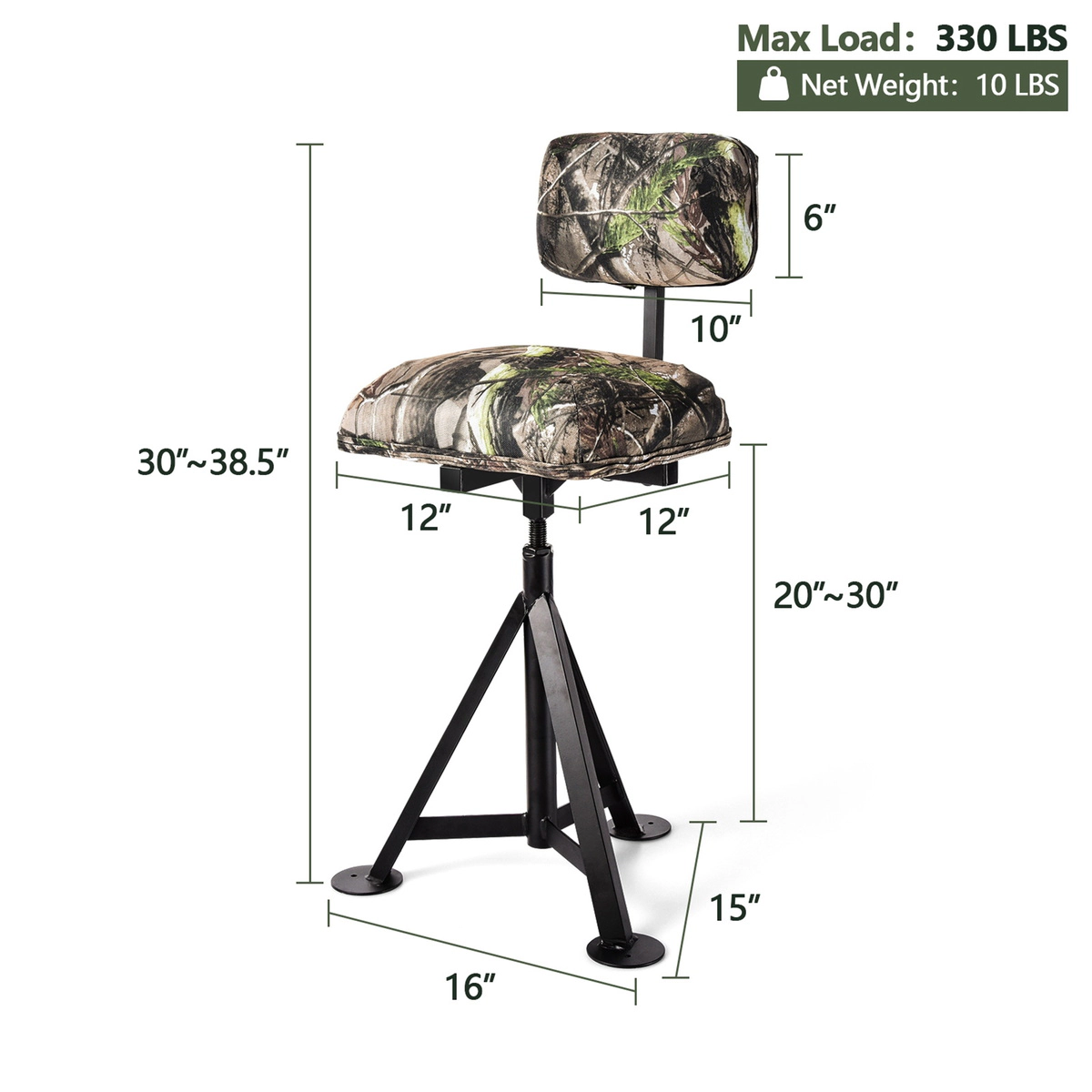 SUGIFT 330-lb Capacity 360-Degree Swivel Tripod Hunting Stool with Detachable Backrest and Adjustable Legs