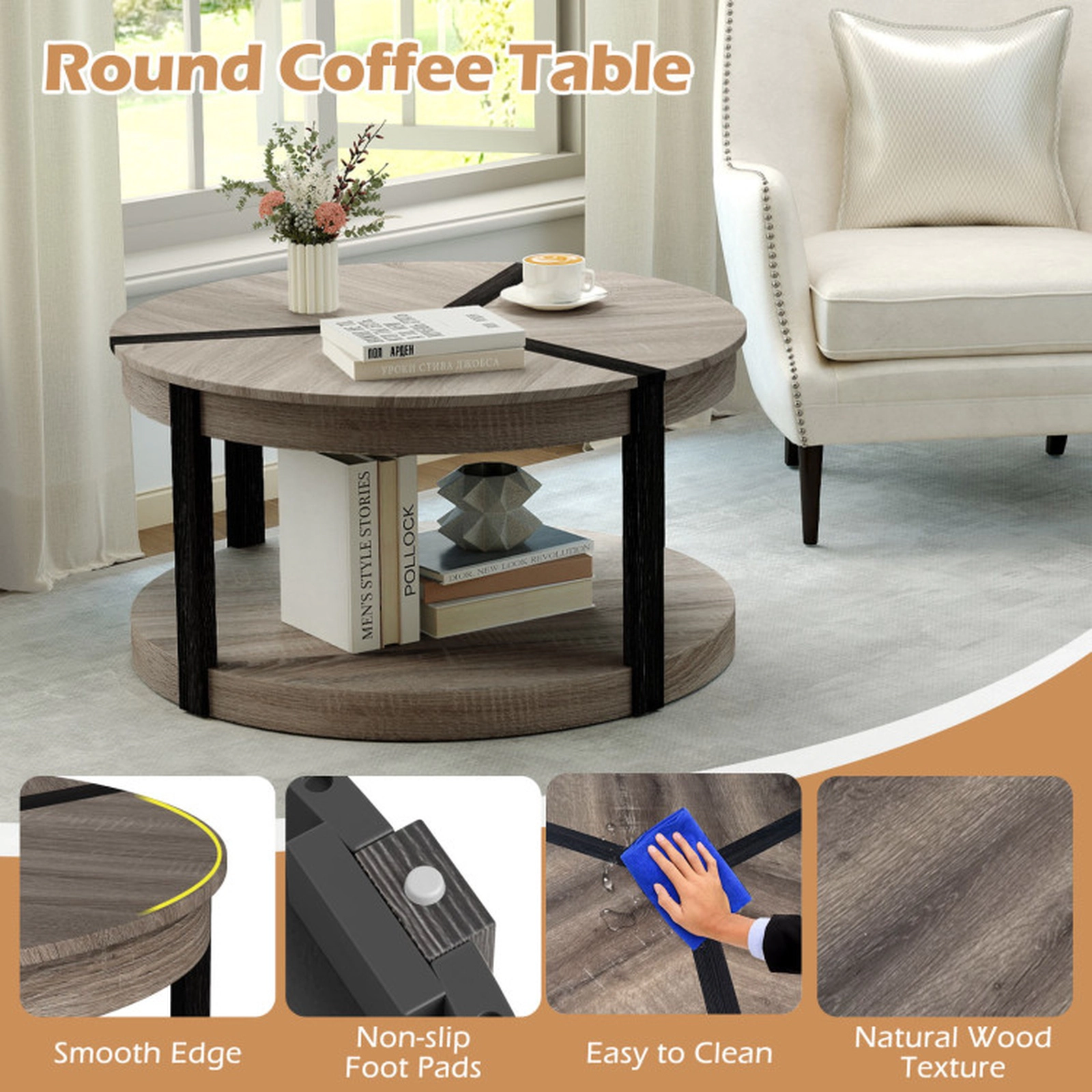 SUGIFT 34.5-in Round 220-lb Capacity Gray Mid-Century Rubber Wood 2-Tier Coffee Table with Lower Shelf