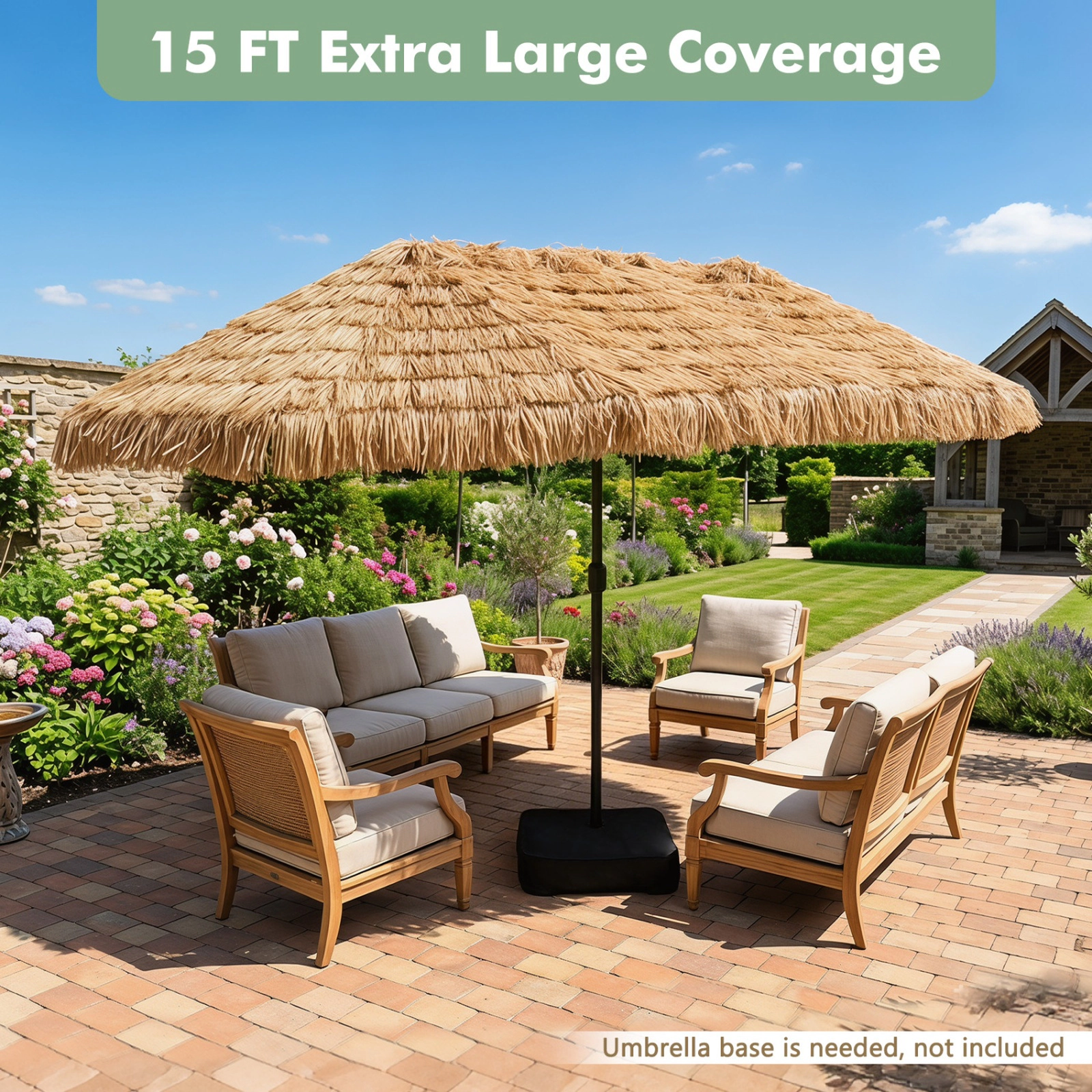 SUGIFT 15 x 9FT Double-Sided Thatched Tiki Patio Umbrella Crank Handle 5+2+5 Metal Ribs 135 sq ft Shade Brown + Black