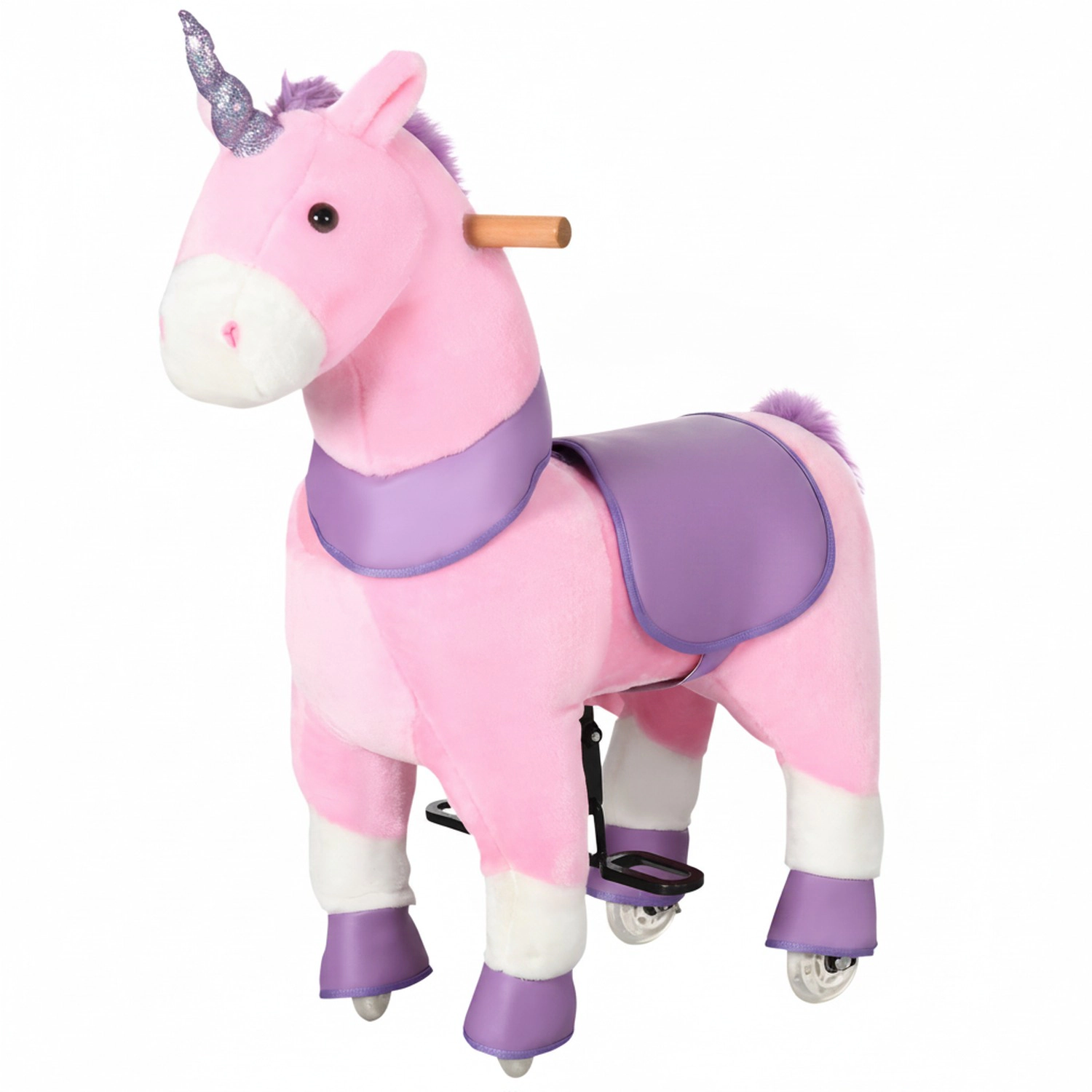 HONGGE Pink Plush Ride-On Unicorn Toy with Sparkly Horn, Padded Seat and Pedal Wheels for Kids Ages 3-6