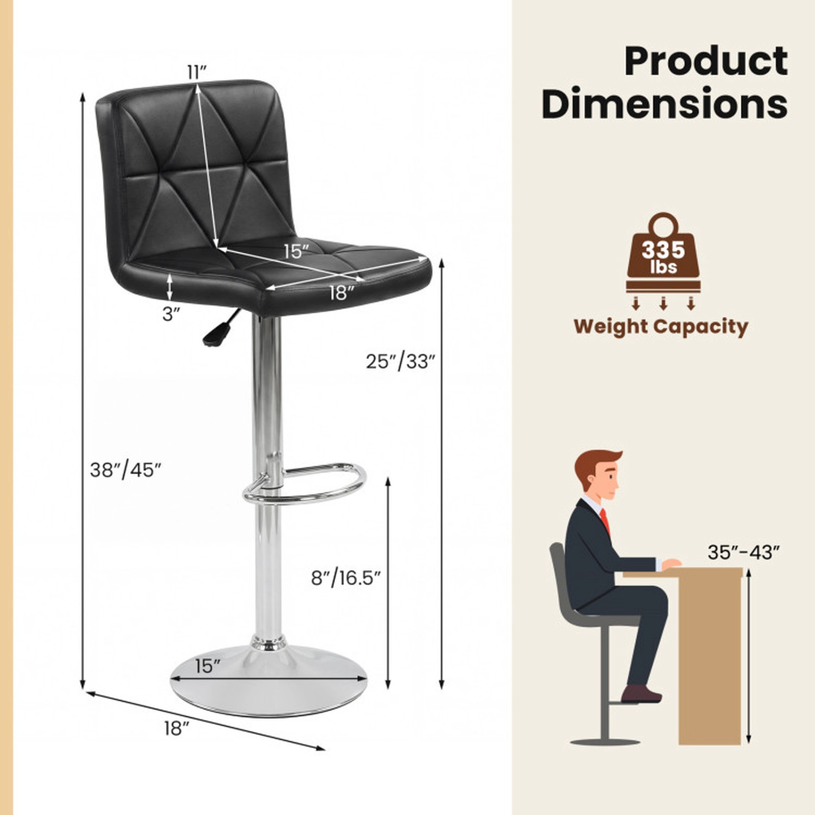 SUGIFT Adjustable 360° Swivel Bar Stools Set of 2 Back & Footrest 355-lb Capacity 25-in Seat Height Black Faux Leather